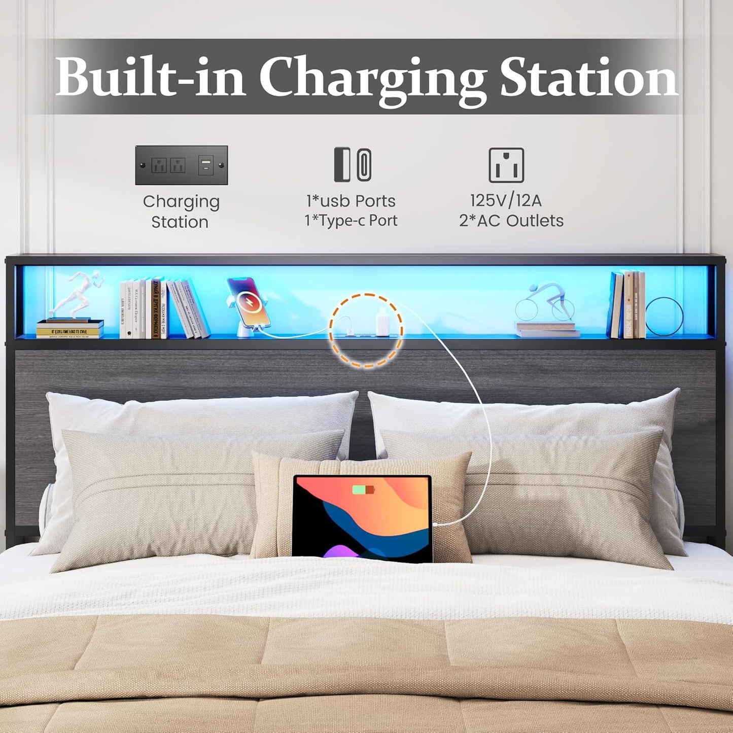 Lifezone Queen Bed Frame with 2-Tier Storage Headboard, Metal Bed Frame with Storage Drawers & Built-in Charging Station & LED, Noise-Free, No Box Spring Needed, Easy Assembly, Rustic Grey