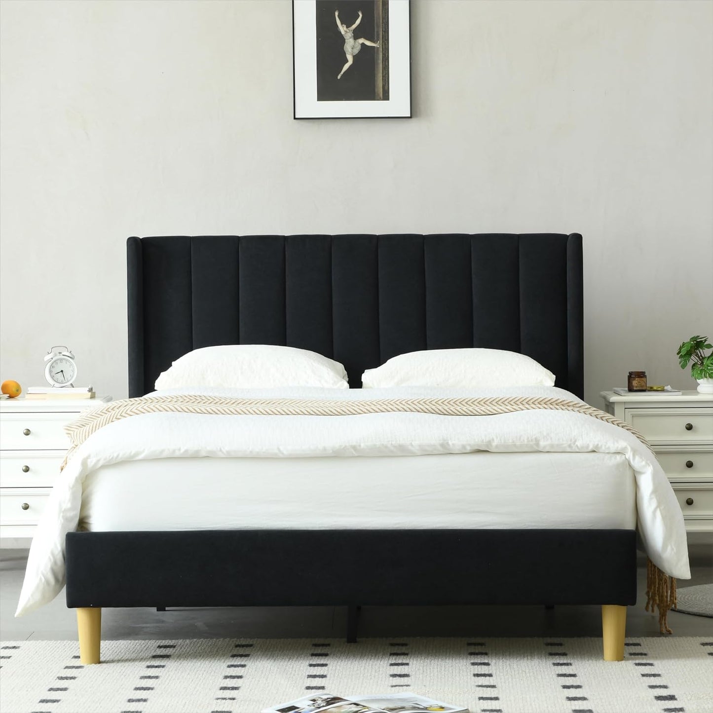 YUHUASHI upholstered Platform Bed Frame/Full Bed Frame/Modern Geometric Double-Wing Design headboard/Linen Fabric/Easy to Assemble no Noise (Black, Full)