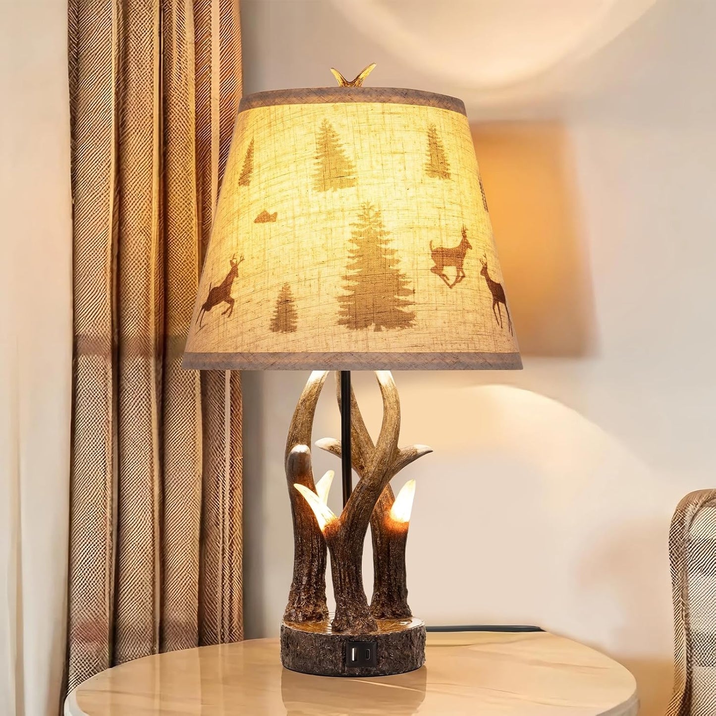 Rustic Antler Table Lamp Set of 2 – Touch-Control 3‑Level Dimming, Dual Light Source with Glowing Antler Night Light, USB‑C & USB‑A Charging Station, Bedroom & Living Room DécorLiving Room