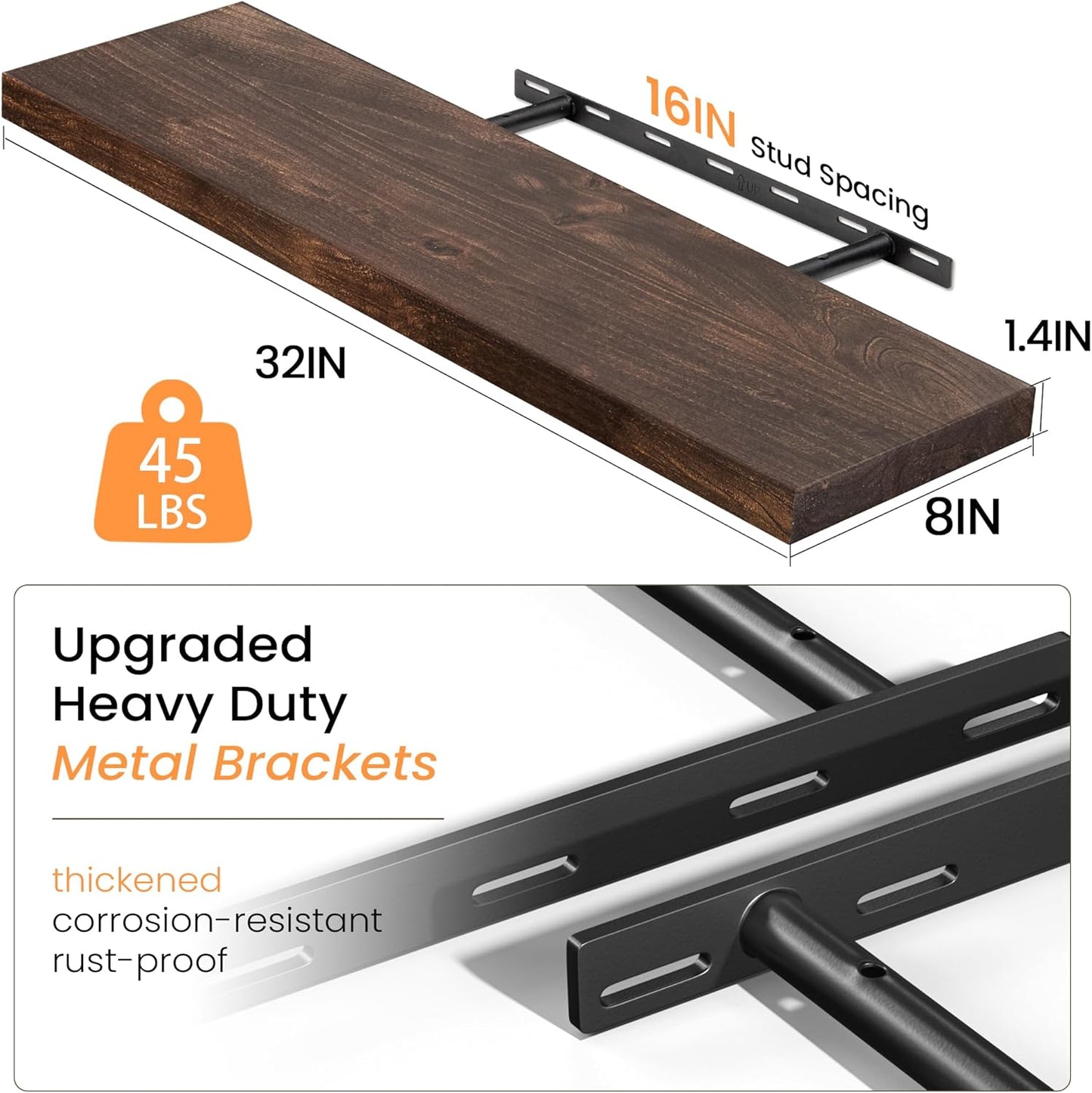 Fun Memories Floating Shelves for Wall, Rustic Solid Elm Wood Floating Shelf Wall Mounted, Wall Shelves with Invisible Bracket for Living Room Kitchen, 32 Inch Set of 2, Wanlut