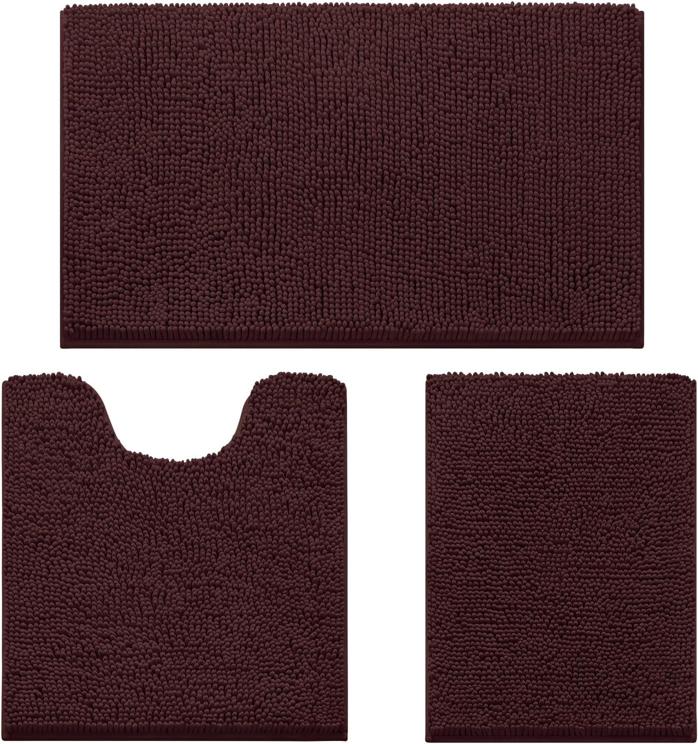 HOMEIDEAS 3 Pieces Bathroom Rugs, Ultra Soft Non Slip Absorbent Chenille Toilet Bath Mat Set (Brown,17"x24"+20"x32"+U Shape 20"x24")