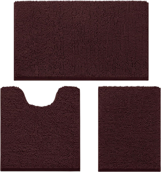 HOMEIDEAS 3 Pieces Bathroom Rugs, Ultra Soft Non Slip Absorbent Chenille Toilet Bath Mat Set (Brown,17"x24"+20"x32"+U Shape 20"x24")
