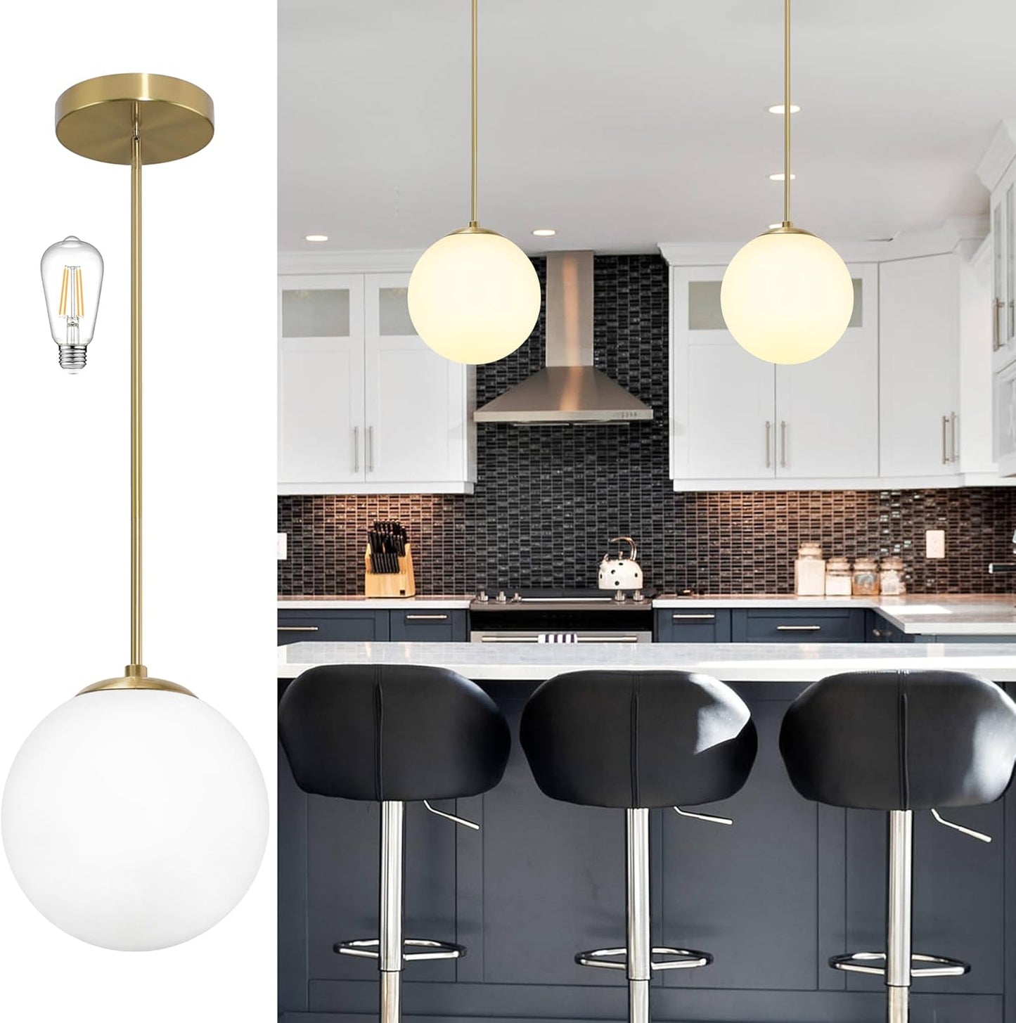 10 Inch Globe Pendant Light Gold Mid Century Pendant Light Contemporary Globe Pendant Lights Adjustable Hanging Light Fixture Milk Glass with Brass Finish for Dining Room Kitchen Island