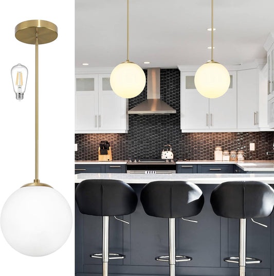 10 Inch Globe Pendant Light Gold Mid Century Pendant Light Contemporary Globe Pendant Lights Adjustable Hanging Light Fixture Milk Glass with Brass Finish for Dining Room Kitchen Island