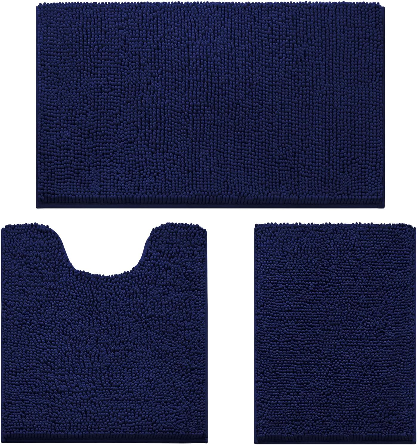 HOMEIDEAS 3 Pieces Bathroom Rugs, Ultra Soft Non Slip Absorbent Chenille Toilet Bath Mat Set (Navy Blue,17"x24"+20"x32"+U Shape 20"x24")