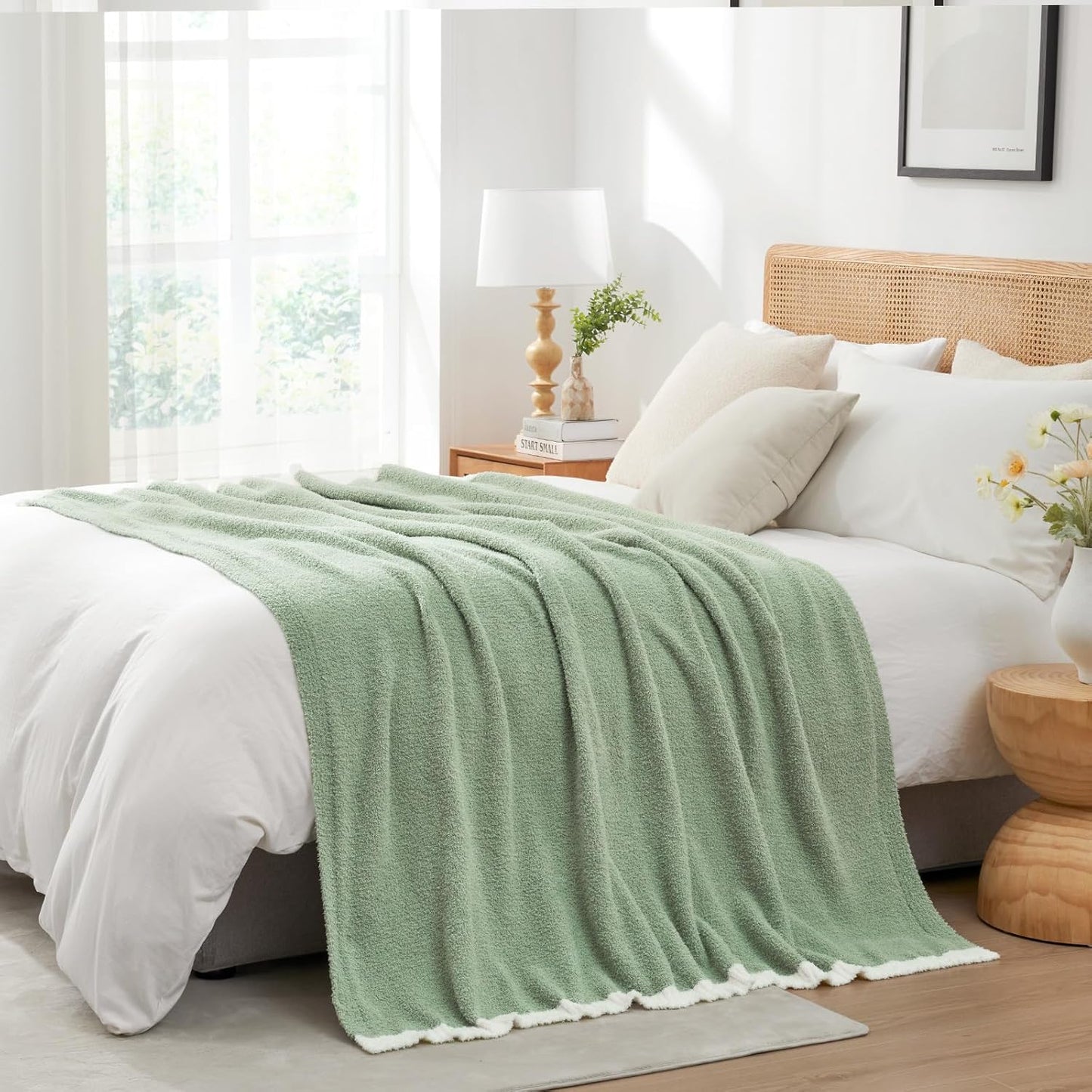 Snuggle Sac Sage Green Throw Blanket for Couch Bed Sofa 60x80 inches, Reversible Sage Green Blanket Microfiber Fluffy Fuzzy Cozy Knit Twin Blanket for Women Mothers Birthday Gifts