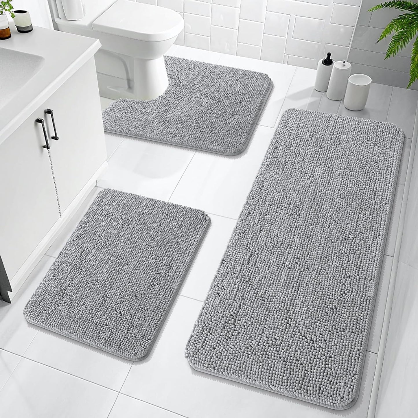 OLANLY Bathroom Rugs Sets 3 Piece, Soft Absorbent Chenille Bath Mats and U-Shaped Contour Toilet Rug, Quick Dry, Home Decor Accessories, Bath Mat Set for Floor (47"x20"+24"x16"+24"x20", Light Grey)
