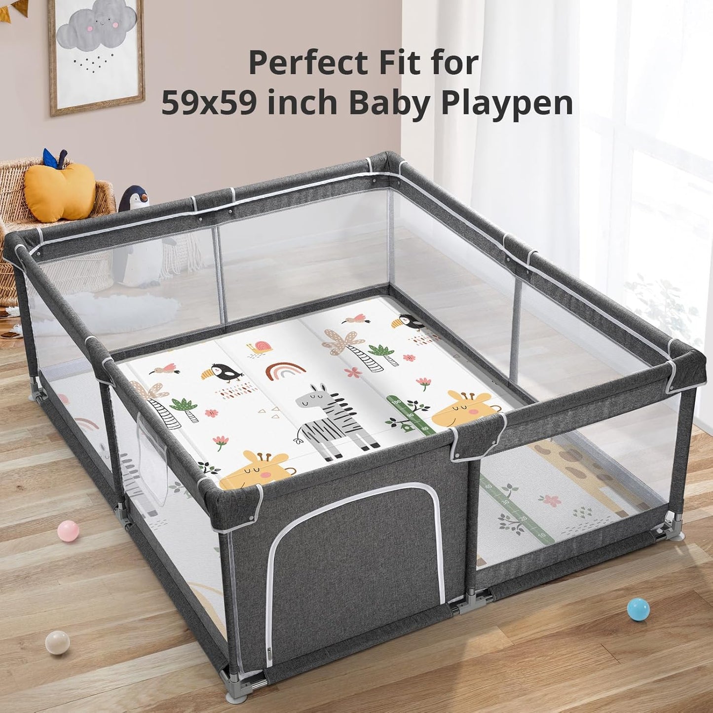 PLGLOG Baby Play Mat,59"x59" Foldable & Reversable Large Baby Mat,0.8" Thick Waterproof Baby Floor Play Mat,Non-Slip,Carlwing Mat for Baby,for 59X59"Playpen,Indoor&Outdoor Playing Mat,Giraffe