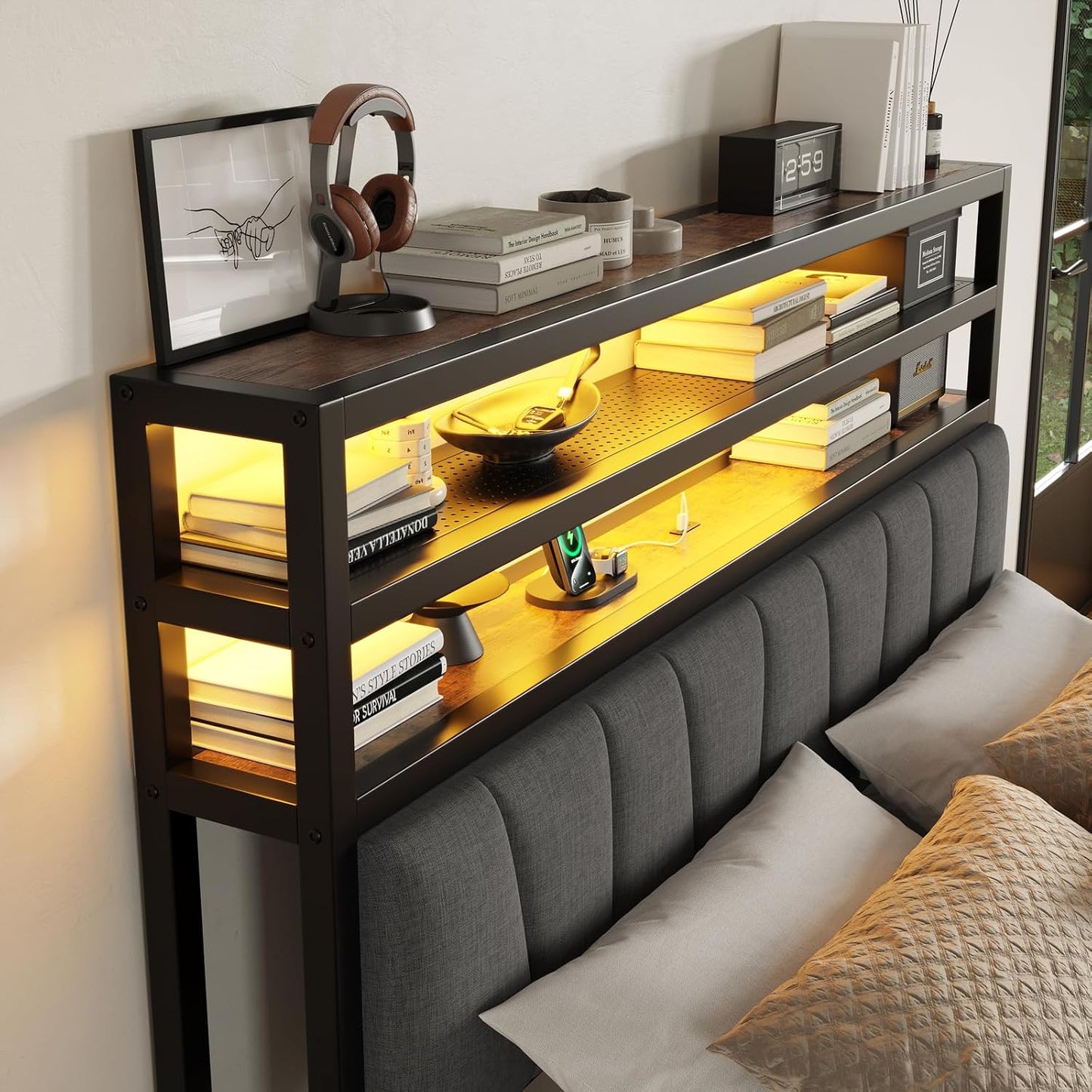 Full Size Bed Frame with Headboard Storage Platform Bed Frame Full Size with 2 Drawers LED Light and Charging Station Bed Base No Box Spring Needed