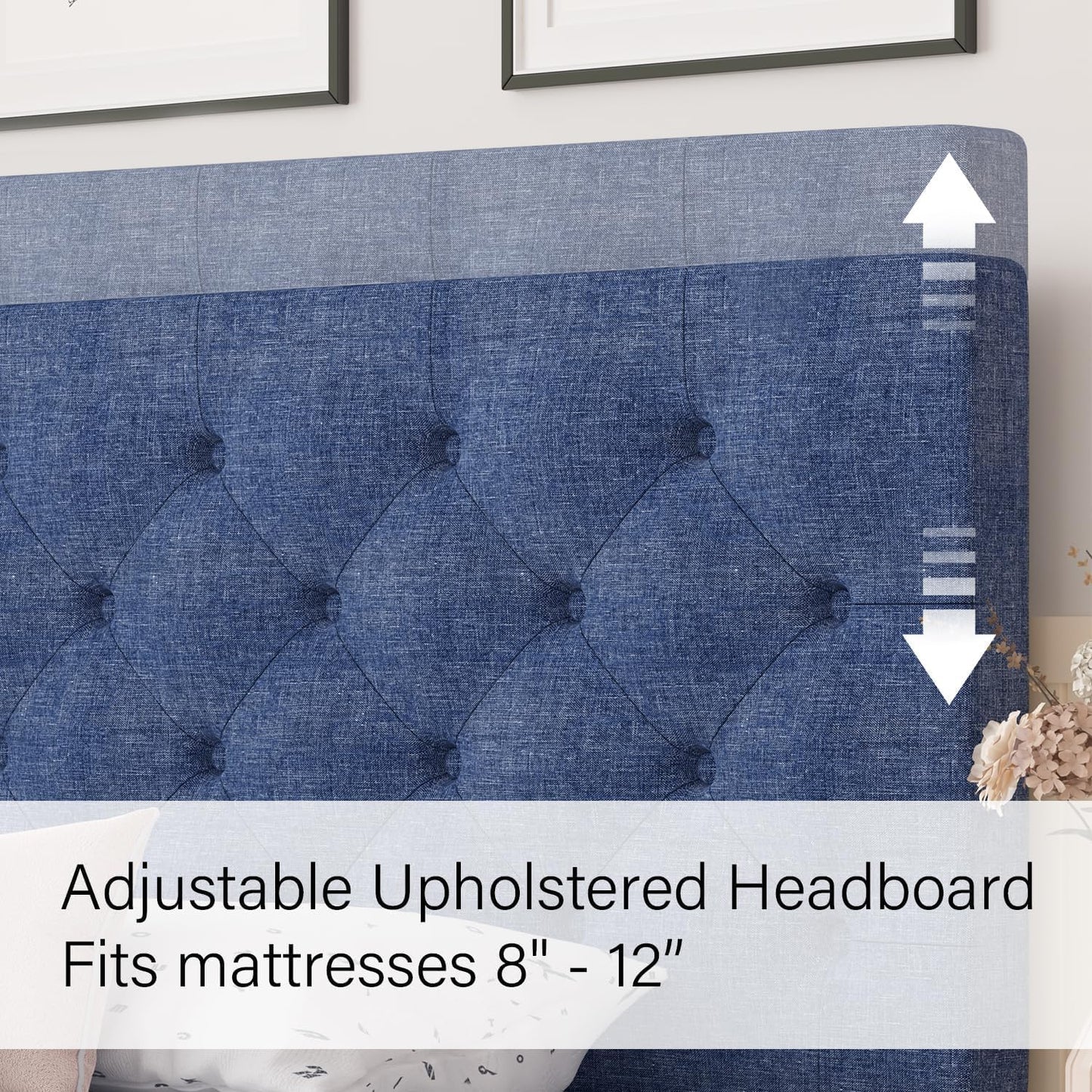 HOMBCK King Size Bed Frame and Headboard, Linen Fabric Upholstered Bed Frame King with Wood Slats, Button Tufted, No Box Spring Needed, Blue