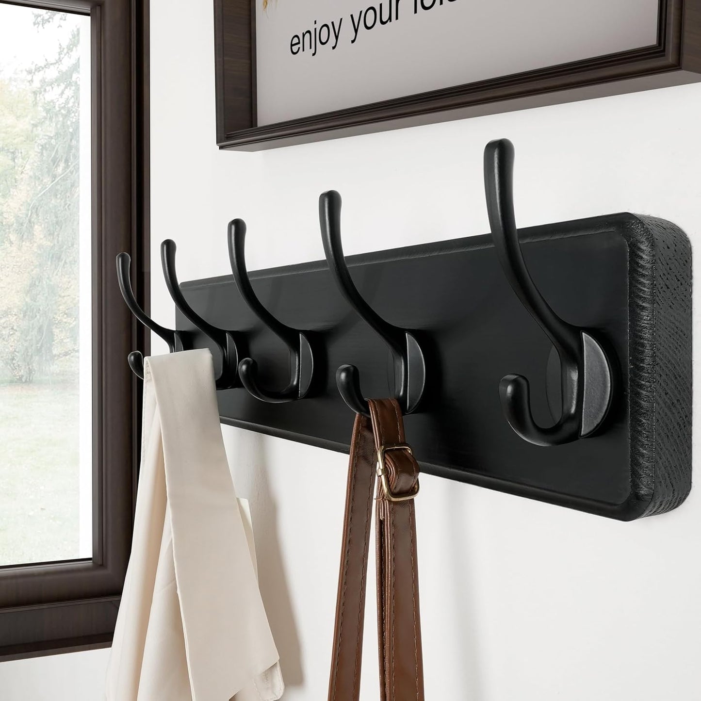 SKOLOO Rustic Wall Mounted Coat Rack, Pine Solid Wood Coat Hook Hanger - 5 Hooks for Hanging Clothes Robes Towels Coats