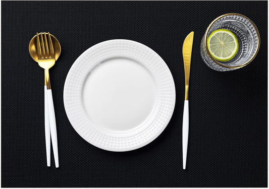 LEXMORE PlaceMats Set of 12 Vinyl/Plastic Woven Place Mats for Kitchen Table Indoor/Outdoor Washable PlaceMat Wipeable Dining Table Mats(Black)