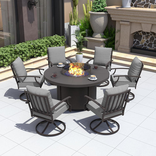 Kurapika 7 Piece Metal Outdoor Patio Furniture Set with Round Fire Pit Table, Patio Conversation Sets 6 Swivel Chairs with Thick Cushion and 40000 BTU Fire Pit Table, Grey