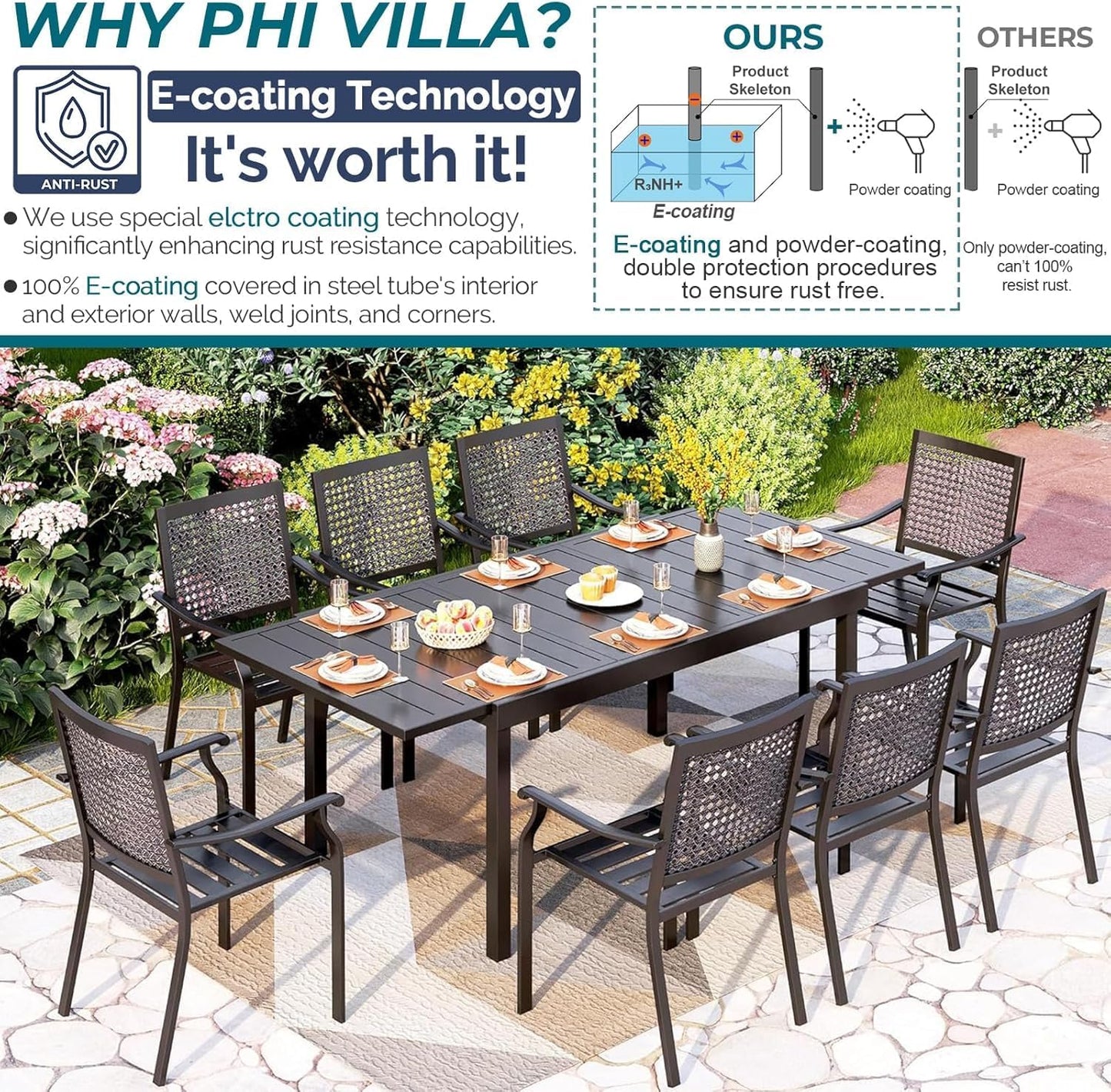 PHI VILLA 9 Pieces Outdoor Dining Set for 8, Expandable Metal Long Table and Stackable Wrought Iron Chairs, Large Furniture Set for Patio, Deck, Yard, Porch