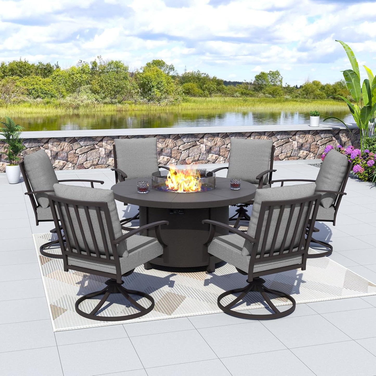 Kurapika 7 Piece Metal Outdoor Patio Furniture Set with Round Fire Pit Table, Patio Conversation Sets 6 Swivel Chairs with Thick Cushion and 40000 BTU Fire Pit Table, Grey