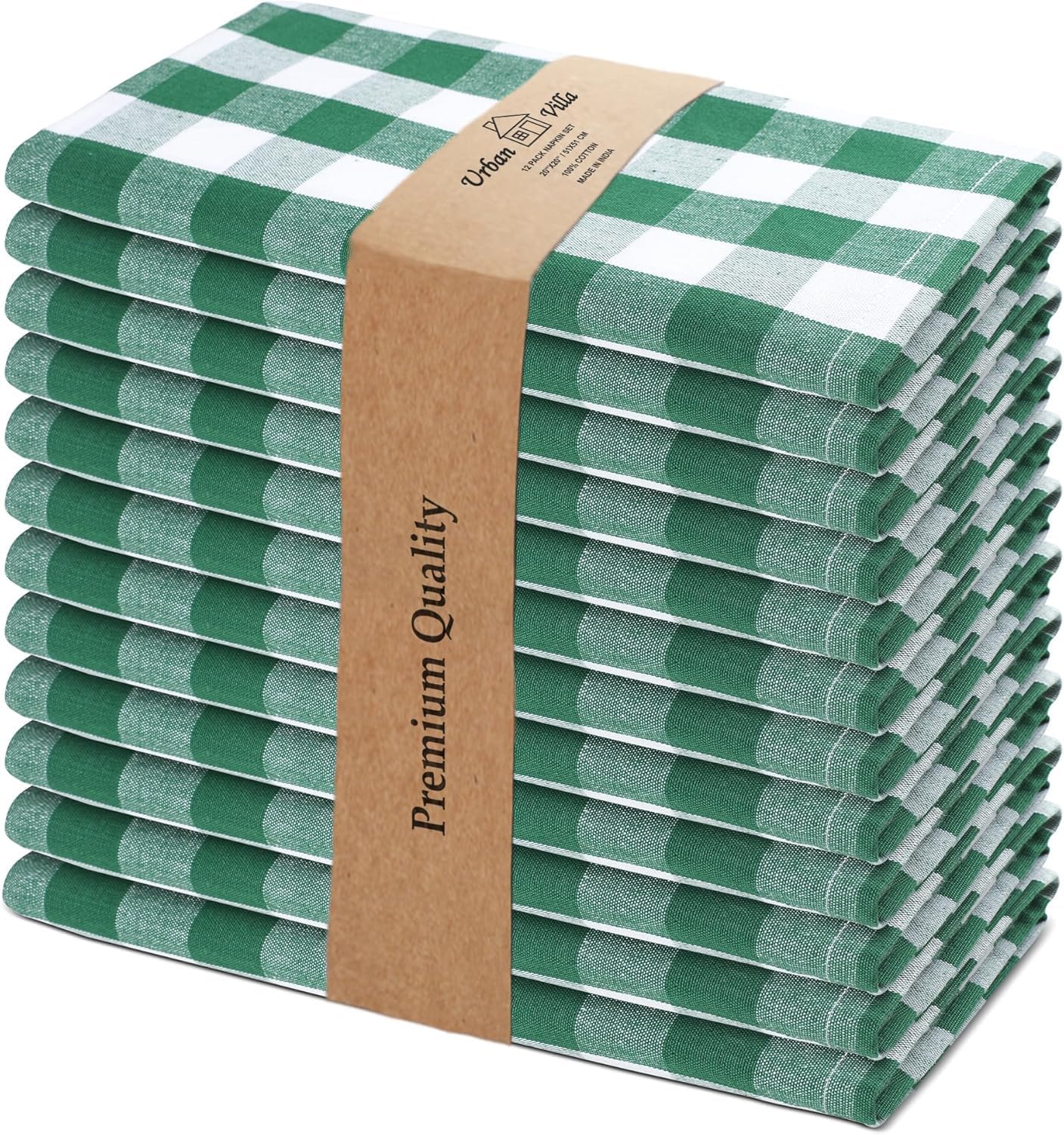 Urban Villa Cotton Dinner Napkins Set of 6, Highly Absorbent 20x20 Inches Premium Cloth Napkins Hotel Quality Reusable & Washable Table Dinner Napkins for Home & Weddings - Hunter Green/White, Checks
