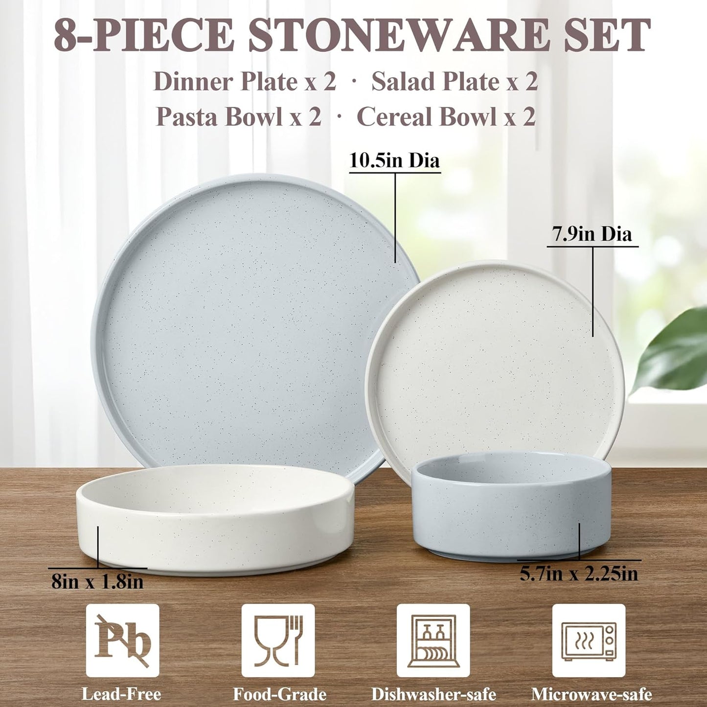 Herogo Dinnerware Dishes Sets with Salad Bowls, 8 Piece Plates and Bowls for 2, Ceramic Stoneware for Kitchen, Dishwasher & Microwave Safe Dinner Ware, Speckled Multicolor
