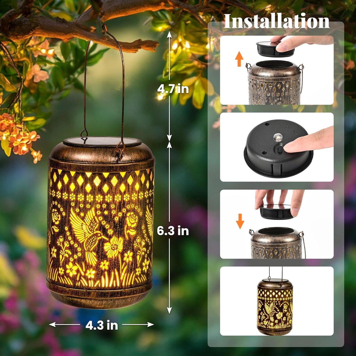 Hummingbird Gifts for Women Mom Solar Lanterns Outdoor Decor Metal Hanging Solar Lights Outside Decoration for Garden Yard Patio Porch