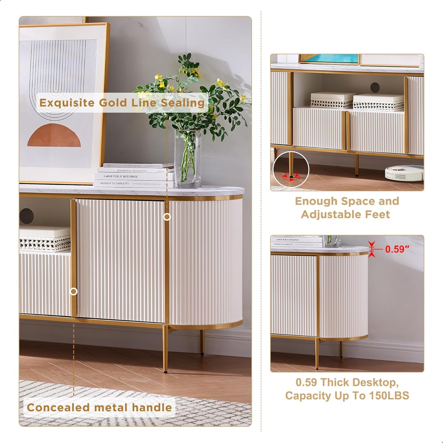 OKD Luxury 70" Fluted TV Stand, Modern Chic Entertainment Center for TVs Up to 80 inches, TV Console with Faux Marble Top, Curved Profile Design, Media Console for Living Room, Off White