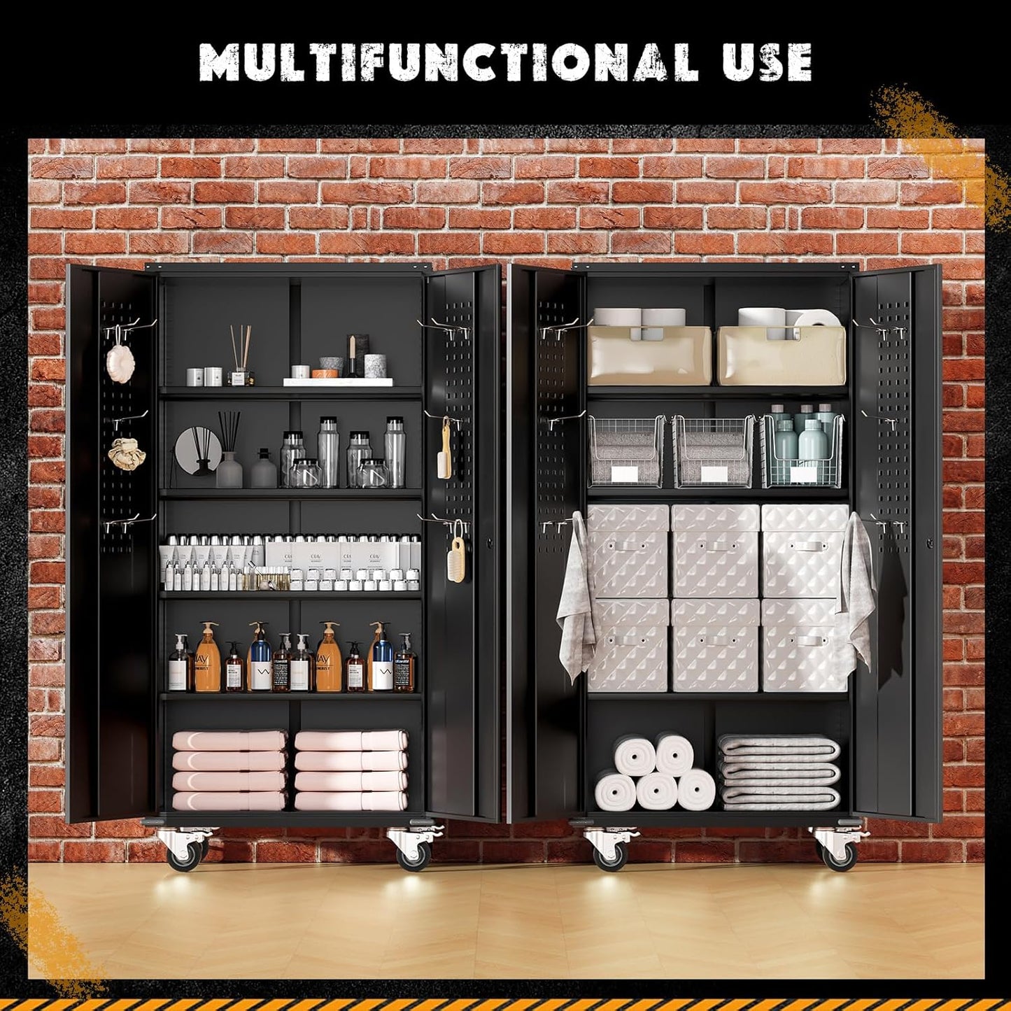 Greenvelly Metal Storage Cabinet with Wheels, Lockable 74" Black Metal Garage Cabinets with 2 Doors and 4 Adjustable Shelves, Rolling Steel Tool Cabinet for Garage, Home Office, School