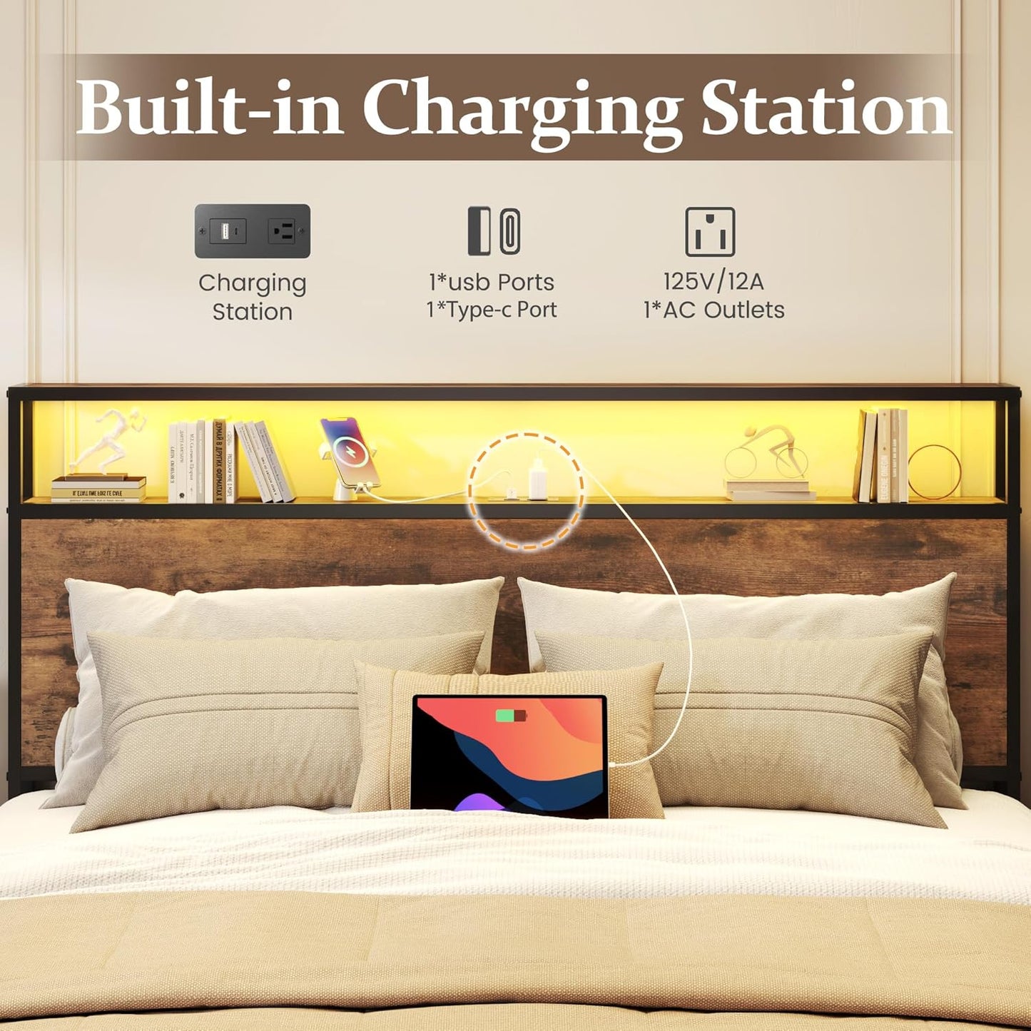 Lifezone Queen Bed Frame with 2-Tier Storage Headboard, Metal Bed Frame with Storage Drawers & Built-in Charging Station & LED, Noise-Free, No Box Spring Needed, Easy Assembly, Rustic Brown