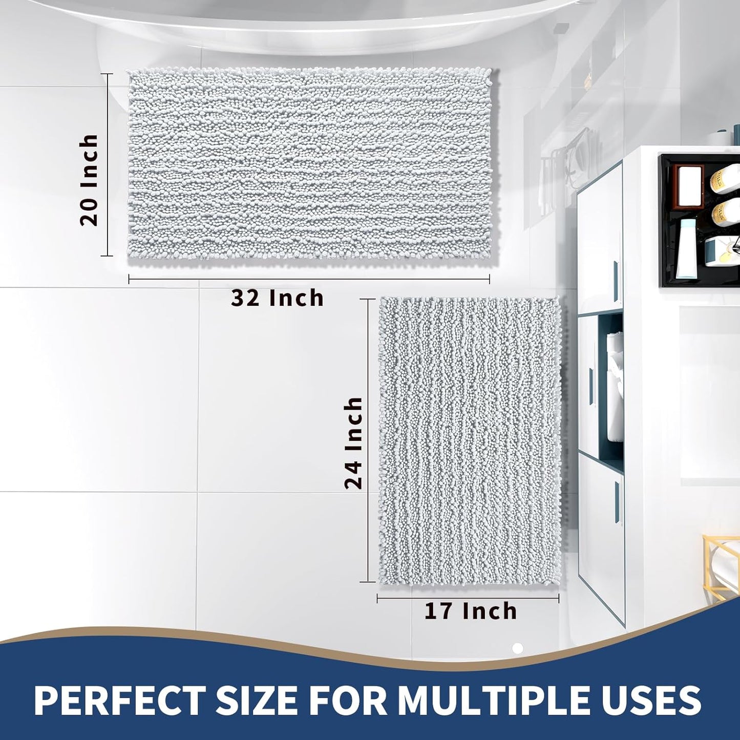 Yimobra Bathroom Rugs Sets 2 Piece - Quick Dry Extra Thick Luxury Chenille Bath Mat, Non Slip Super Absorbent for Tub Shower Sink, Machine Washable Shaggy Floor Mat, 32"x20"+24"x17" Inch, Silver