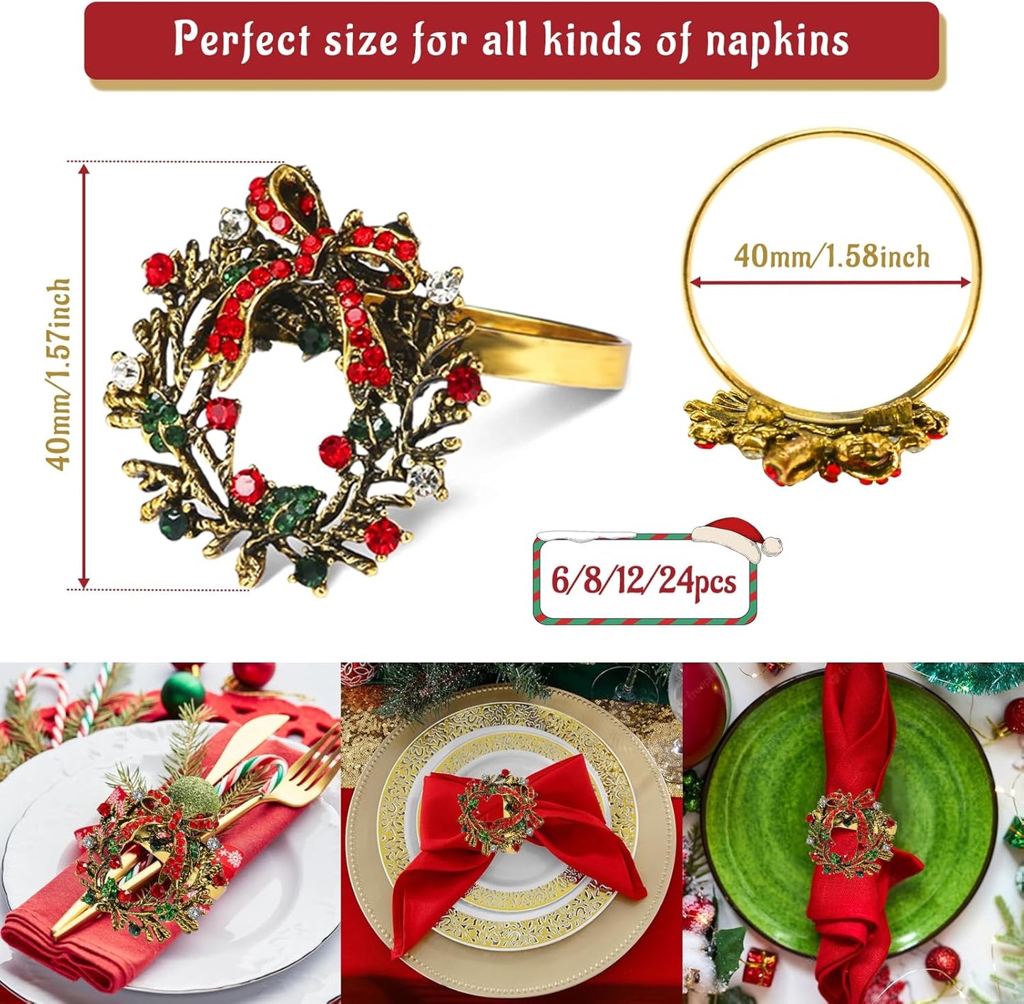 Legigo Set of 12 Christmas Wreath Napkin Rings Set- Metal Xmas Napkin Ring Holders for Cloth Napkins, Christmas Holiday Party Dinner Table Decoration
