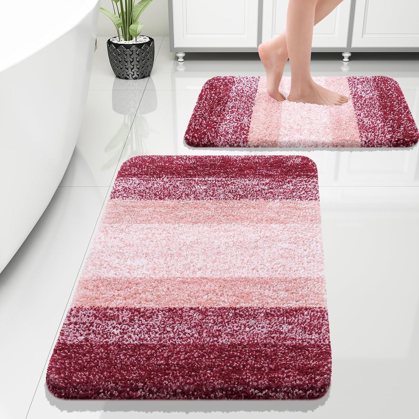 OLANLY Bathroom Rug Set 2 Piece, Soft Absorbent Microfiber Bath Rug Set, Non-Slip, Machine Wash Dry, Plush Shaggy Bath Mats for Bathroom (30"x20"+24"x16", Red)