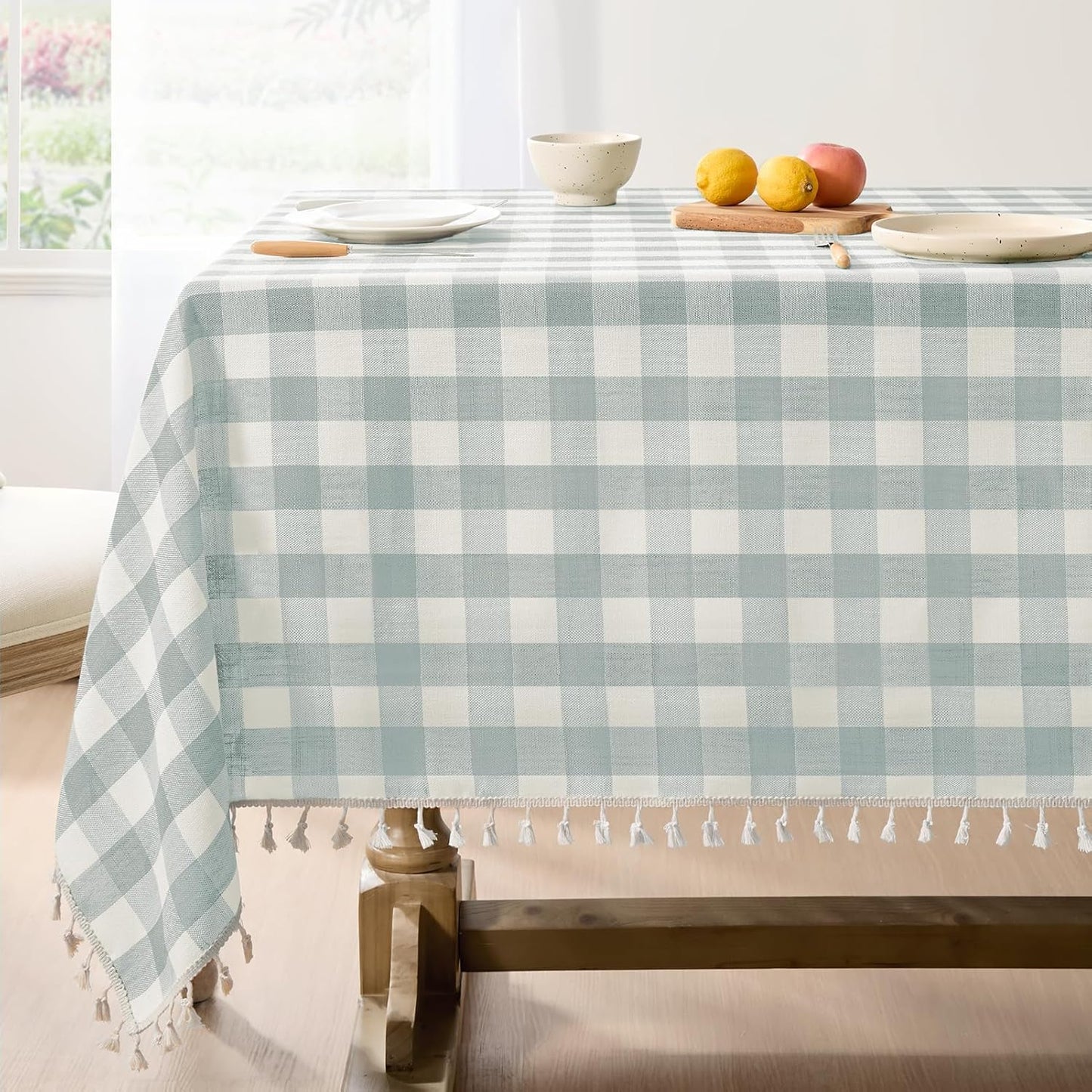 Softalker Checkered Tablecloth Square, Heavy Weight Linen Gingham Outdoor Table Cloth with Tassel, Washable Wrinkle Free Buffalo Plaid Table Cover for Dining/Party/Home - 55 x 55 Inch, Aqua