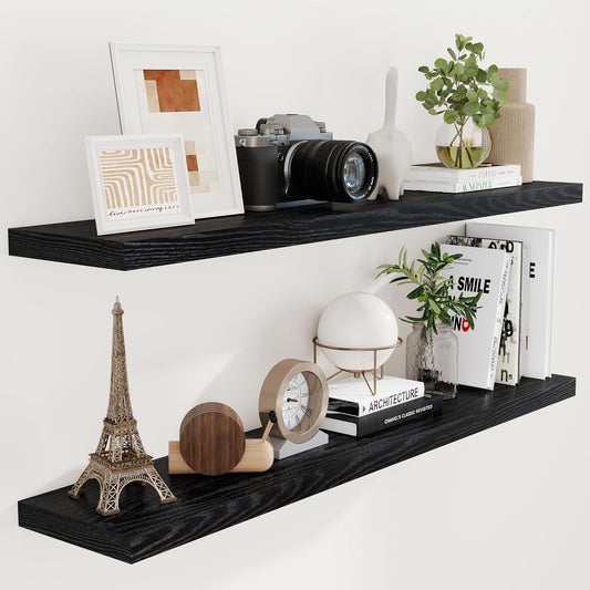 Fun Memories Floating Shelves 55 Inch Set of 2, Black 55 x 9.3 Wall Shelves for Home Decor Storage, Rustic Wood Floating Shelf for Wall, 9.3 Inch Deep Shelving for Bathroom, Living Room, Kitchen