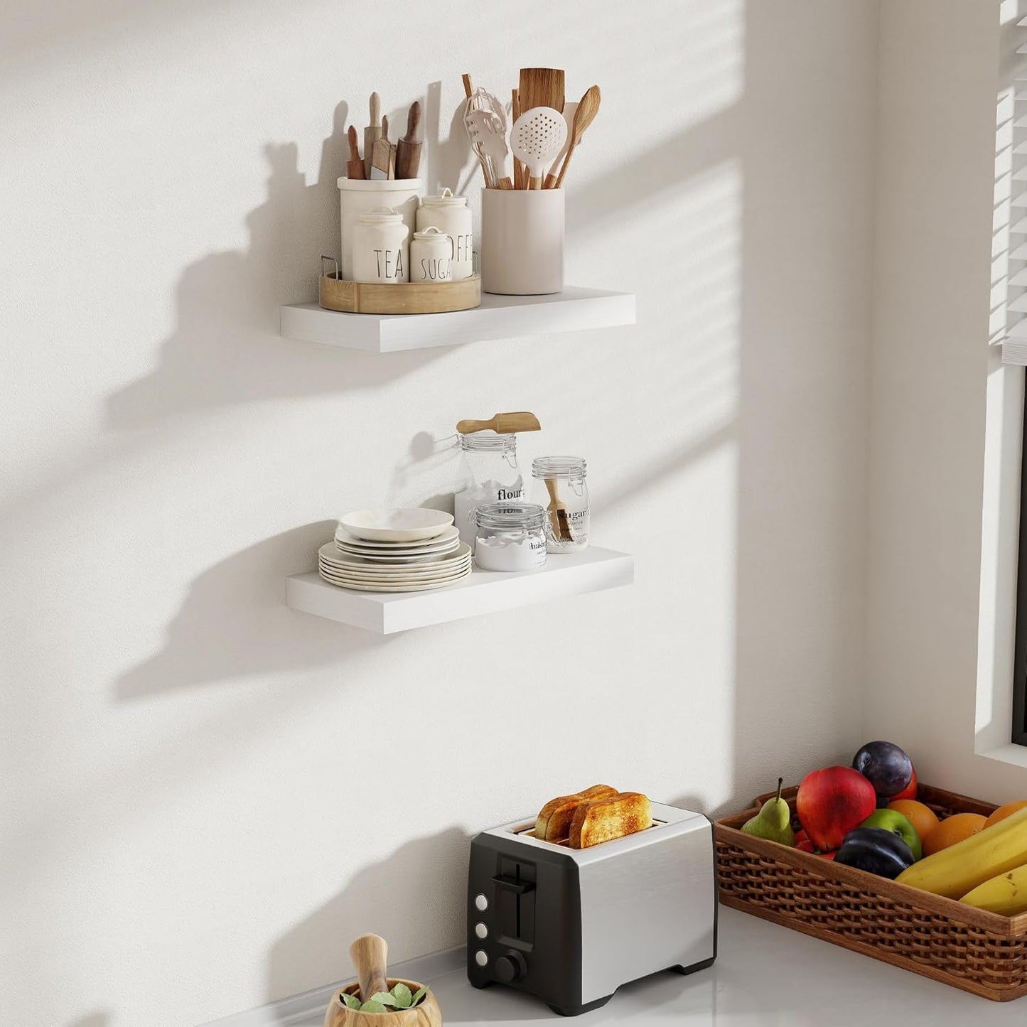 16 Inch Floating Shelves, 8 Inch Deep Floating Shelves for Wall, Hanging Shelf with Invisible Brackets, Deep Shelves for Bathroom, Bedroom, Living Room, White, Set of 2