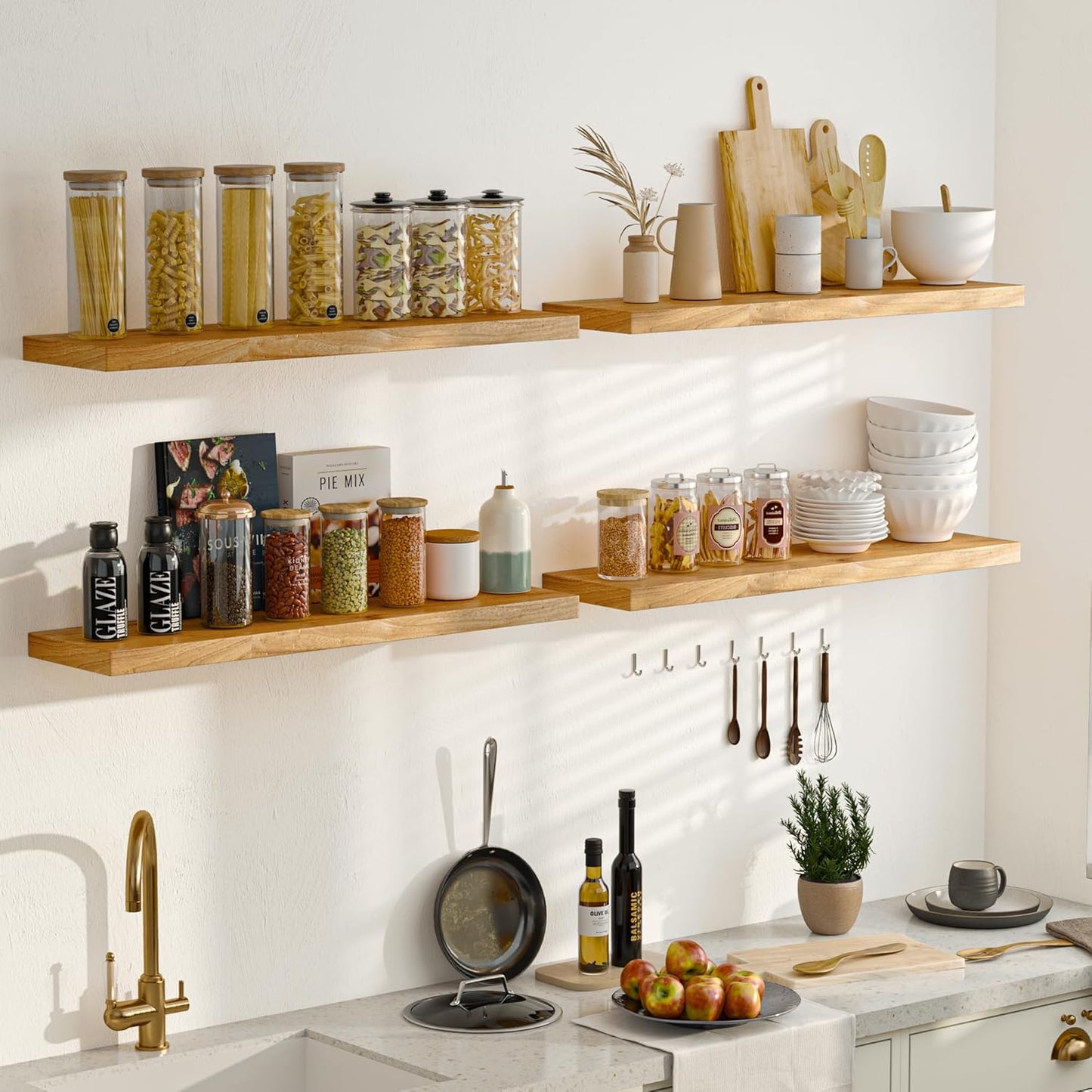 Fun Memories Floating Shelves for Wall Decor, 8" Deep Rustic Solid Elm Wood Floating Shelves Wall Mounted, Heavy-Duty Shelf with Invisible Bracket for Living Room Kitchen, 36 Inch Set of 2, Natural