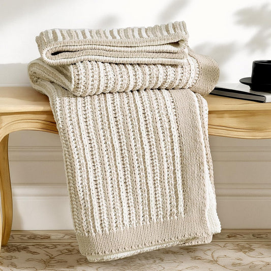 Amélie Home Striped Knit Throw Blanket for Couch, Dual-Sided Soft Chenille Decorative Blankets for Sofa & Chair, 50"x60", Khaki & White
