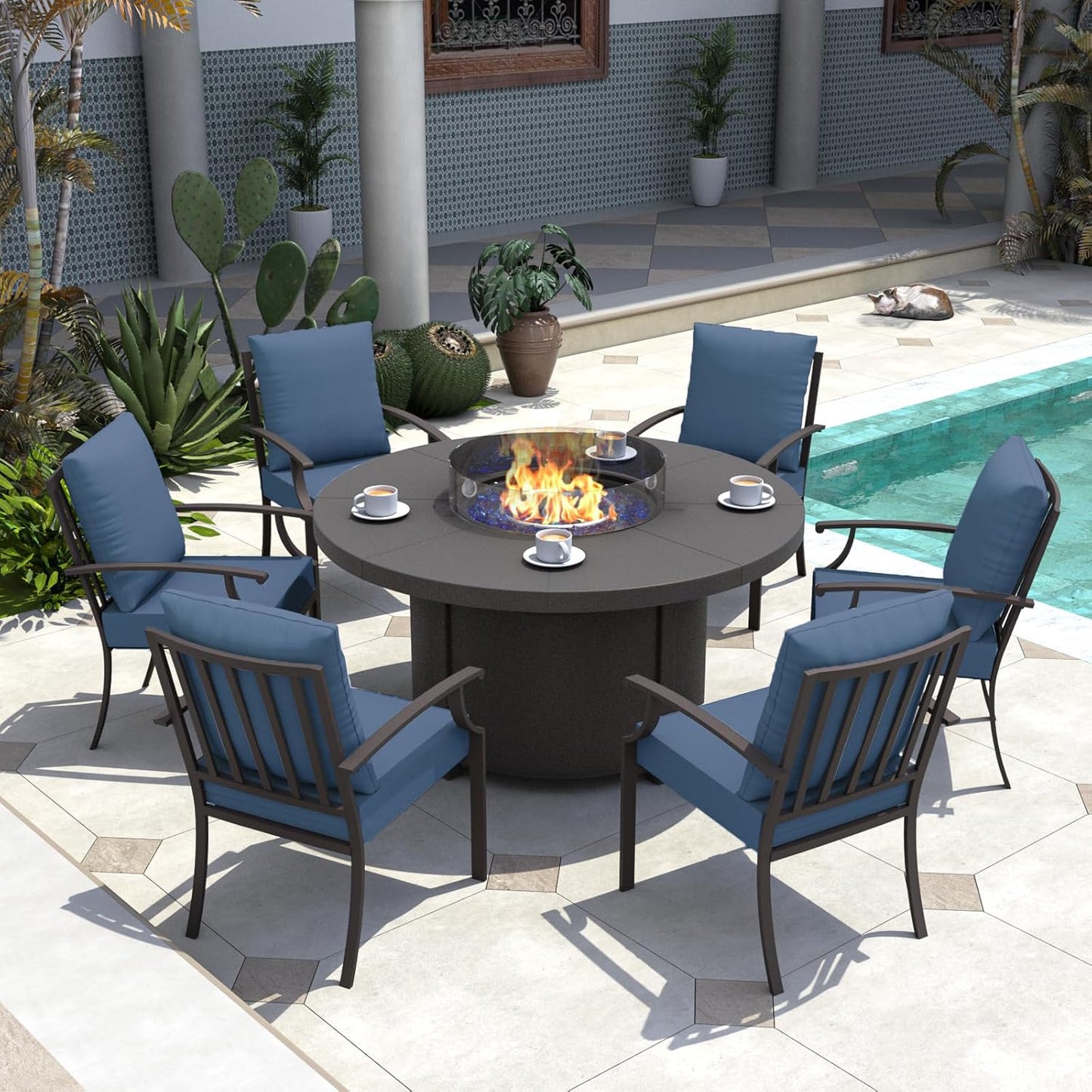 Kurapika 7 Piece Metal Outdoor Patio Furniture Set with 48" Round Fire Pit Table, Patio Conversation Sets 6 Fixed Chairs with Thick Cushion and 40000 BTU Propane Fire Pit Table, Navy Blue