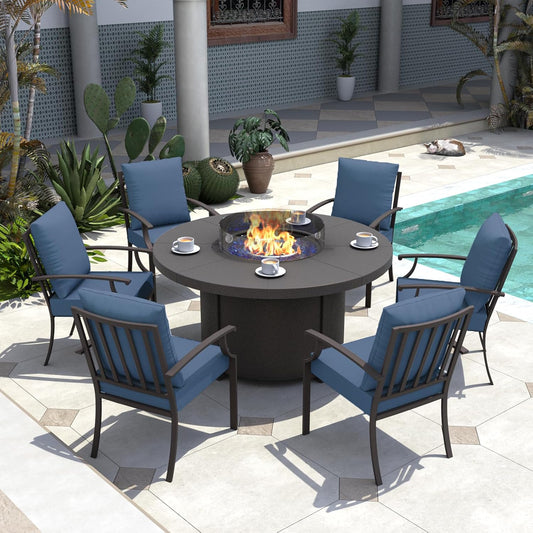 Kurapika 7 Piece Metal Outdoor Patio Furniture Set with 48" Round Fire Pit Table, Patio Conversation Sets 6 Fixed Chairs with Thick Cushion and 40000 BTU Propane Fire Pit Table, Navy Blue