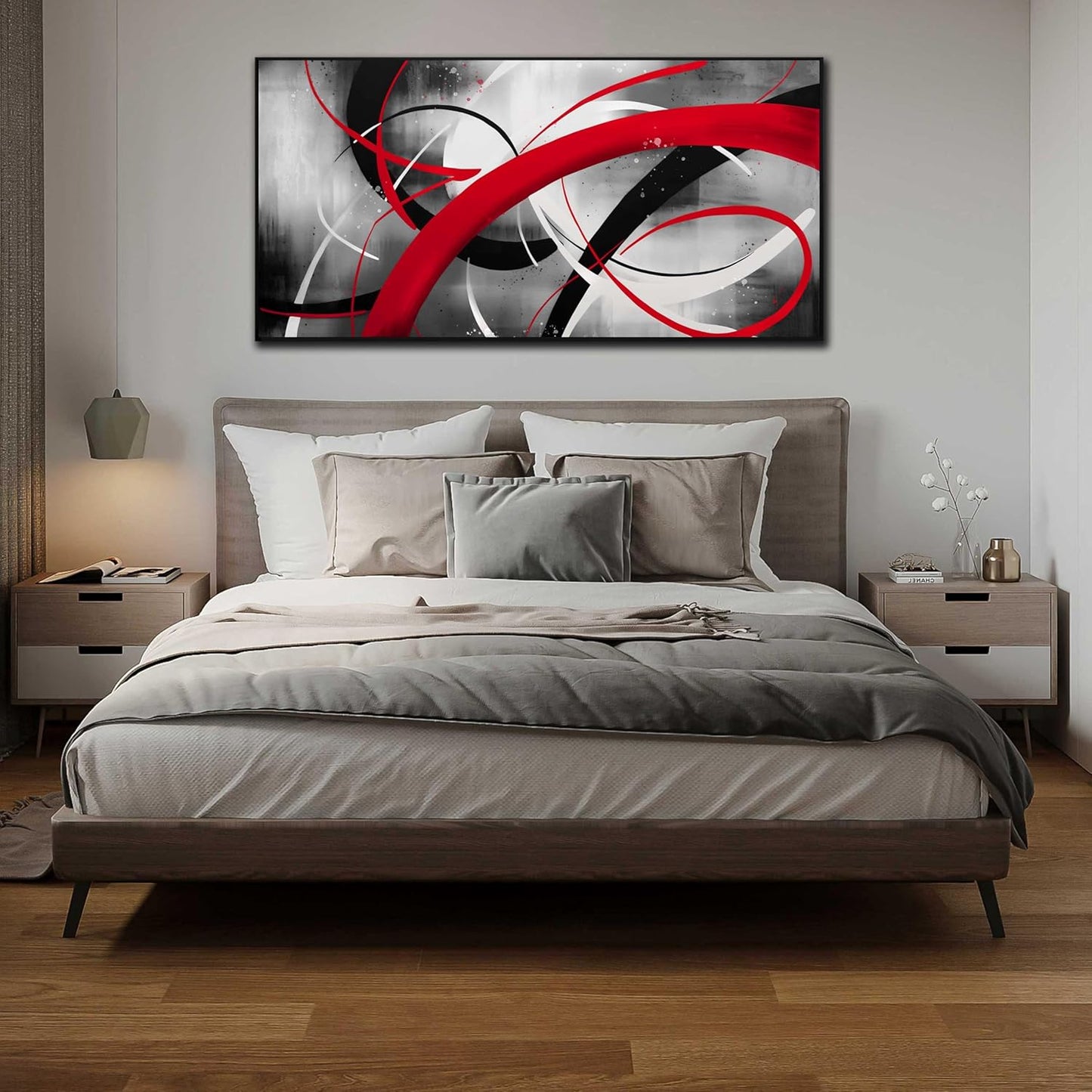 Abstract Wall Art for Living Room, Black White and Red Line Canvas Wall-Decor for Bedroom, Large Size 29x59 Inches Framed