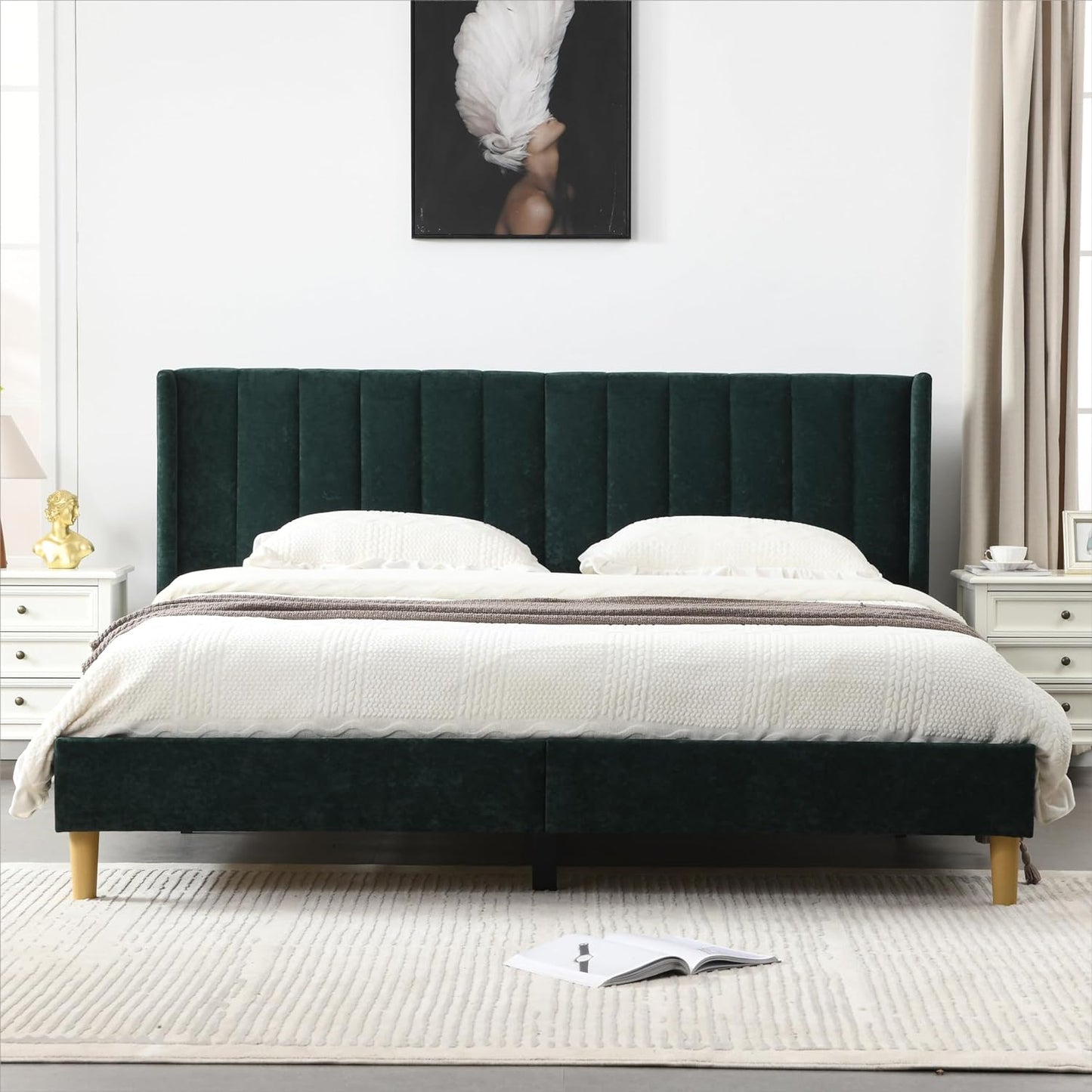 YUHUASHI upholstered Platform Bed Frame/King Bed Frame/Modern Geometric Double-Wing Design headboard/Velvet Fabric/Easy to Assemble no Noise (Ink Green, King (U.S. Standard))