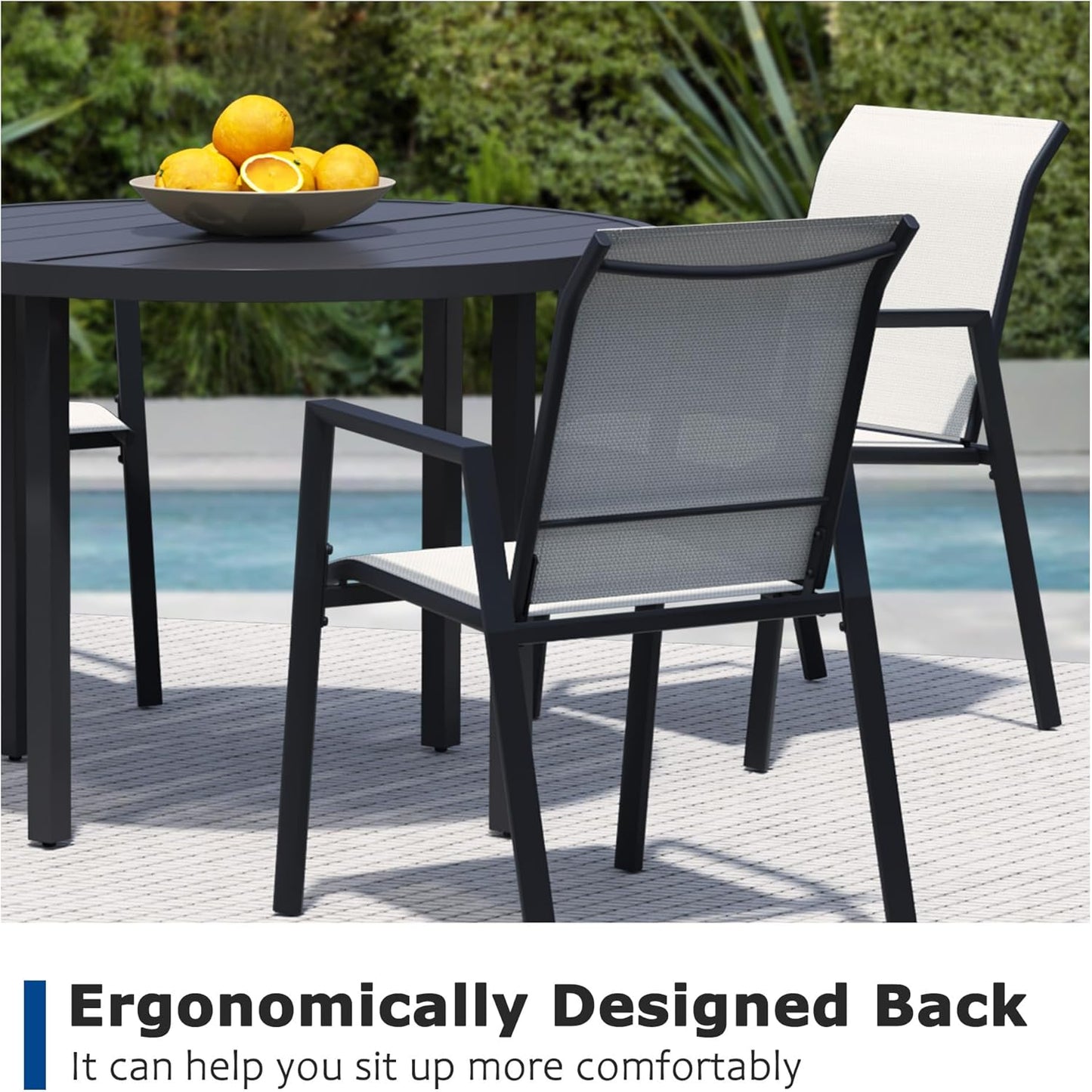 7 Piece Outdoor Dining Set, Patio Table and Chairs Set of 6, 47" Black Round Patio Table with 6 Oyster Beige Stackable Patio Chairs for Lawn, Garden, Porch