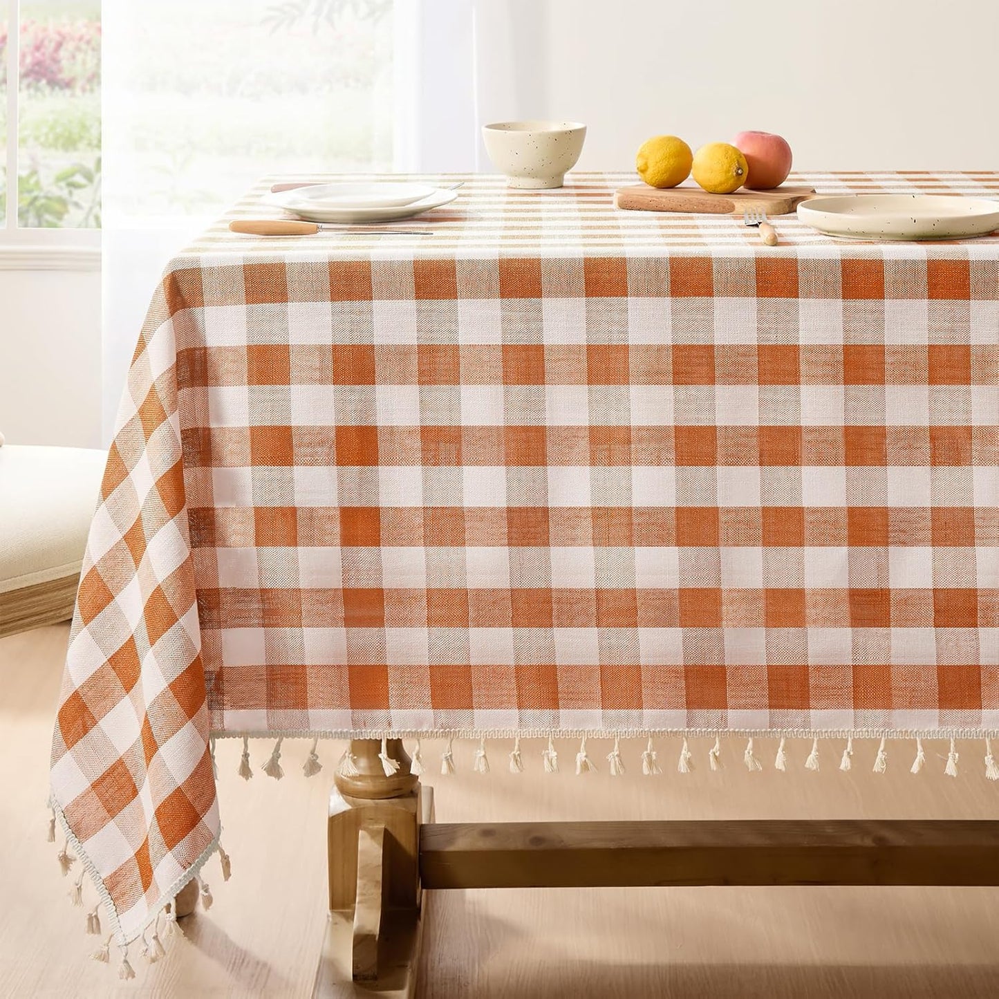 Softalker Fall Checkered Tablecloth Square, Heavy Weight Linen Gingham Thanksgiving Orange Table Cloth with Tassel, Wrinkle Free Buffalo Plaid Table Cover for Dining/Party- 55 x 55 Inch