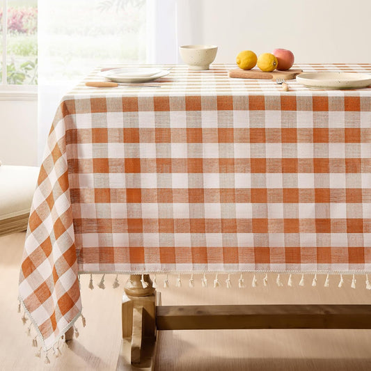 Softalker Fall Checkered Tablecloth Square, Heavy Weight Linen Gingham Thanksgiving Orange Table Cloth with Tassel, Wrinkle Free Buffalo Plaid Table Cover for Dining/Party- 55 x 55 Inch