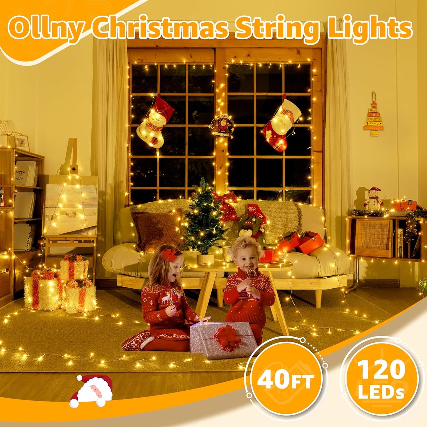 Ollny 120LED 40FT String Lights, Waterproof Connectable Christmas Lights with Timer 8 Modes, Warm White Plug in Fairy Light for Indoor Outdoor Bedroom Xmas Tree Holiday Party Decorations