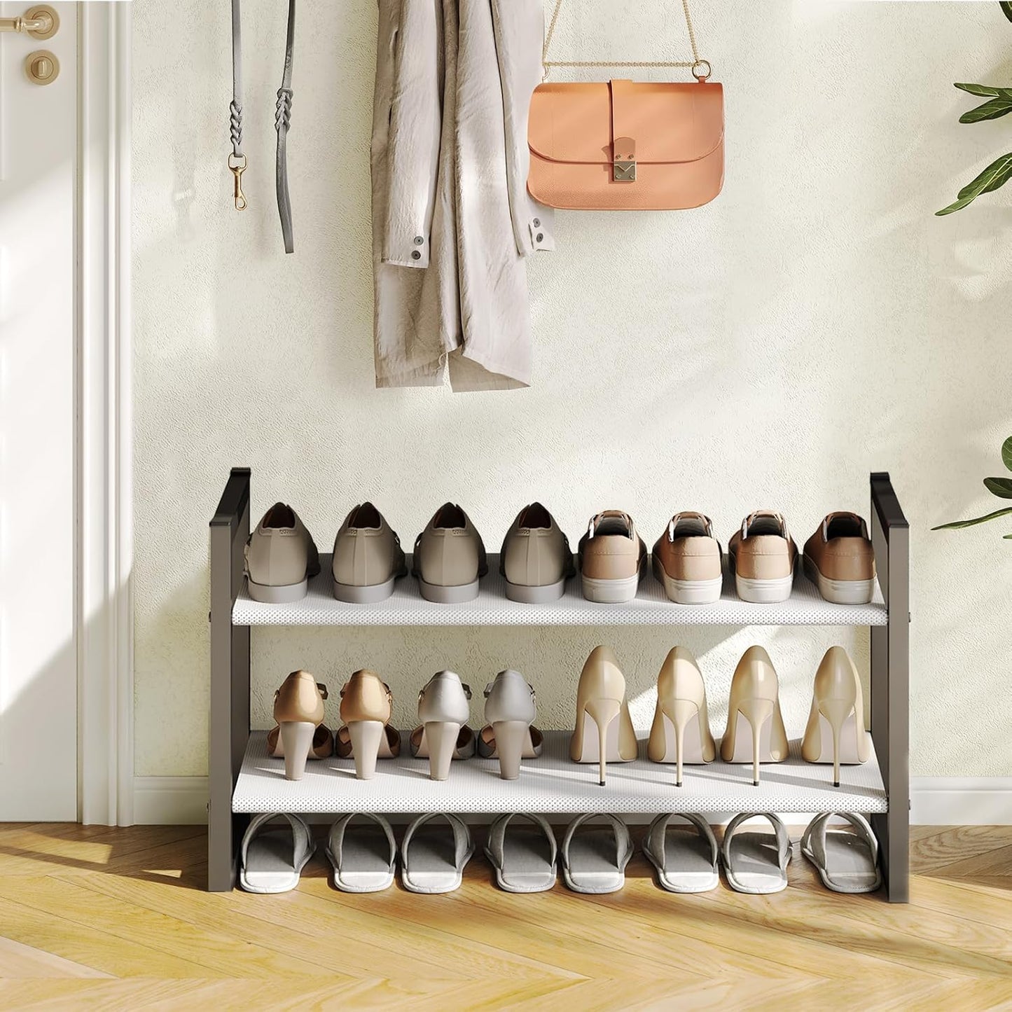 2-Tier Shoe Organizer Rack, Adjustable Non-Woven Fabric & Metal, Sturdy Shoe Shelf for Closet, Entryway & Bedroom