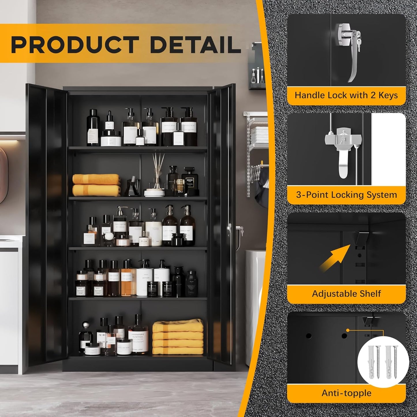 Greenvelly 72" H Metal Storage Cabinet, 32" W x 16" D Black Metal Cabinet with 2 Doors and 4 Adjustable Shelves, Locking Cabinets for Office, Home, Garage, School