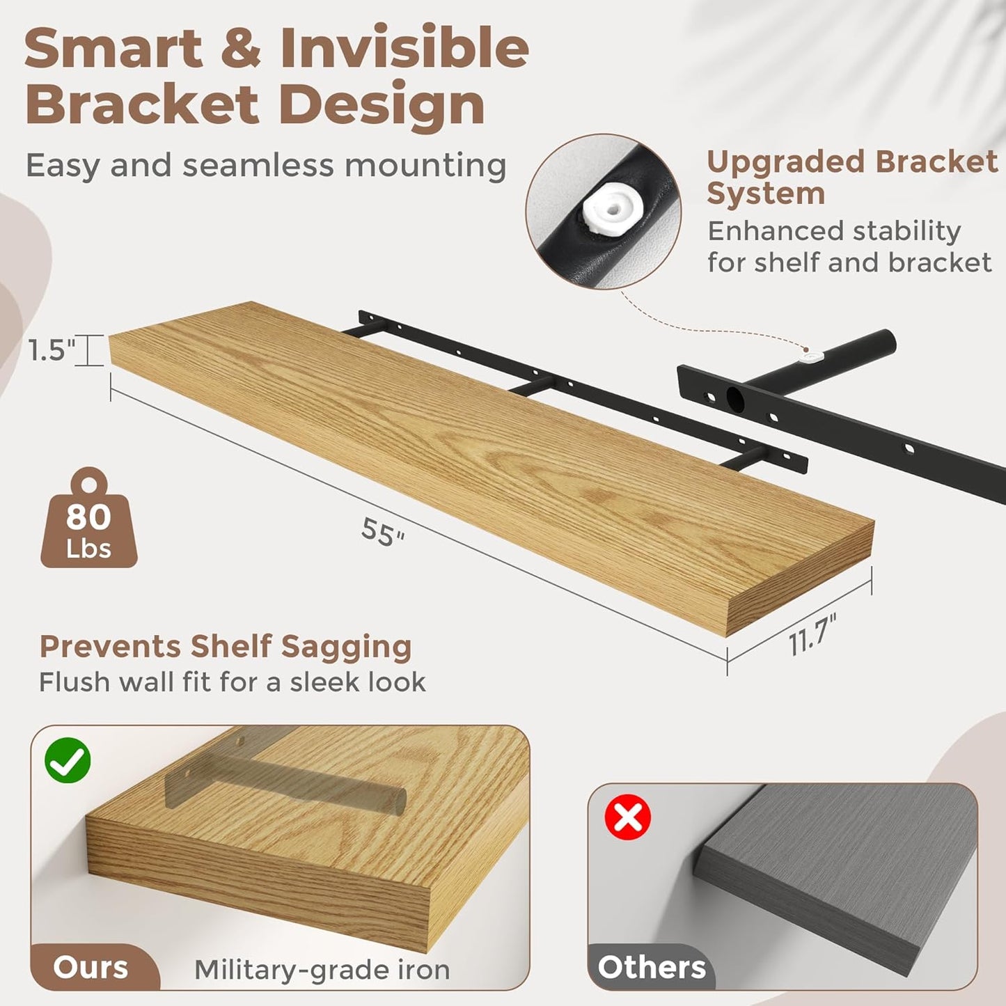 Floating Shelves for Wall with Invisible Brackets, Wall Mounted Engineered Wood Shelves with Wood Grain for Living Room, Bedroom, Bathroom, Kitchen Decor and Storage, Oak, 55"L Set of 2, Oak