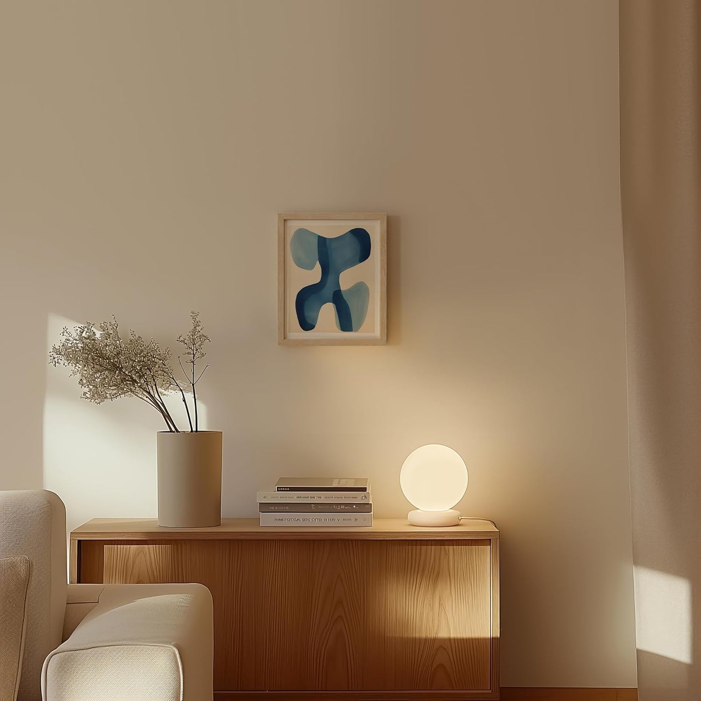 HAUS AND HUES Modern Abstract Wall Art - Blue and Green Living Room Art, Modern Artwork for Walls, Minimalist Picture for Living Room(Blue Shapes, Beige Frame, 8x10)