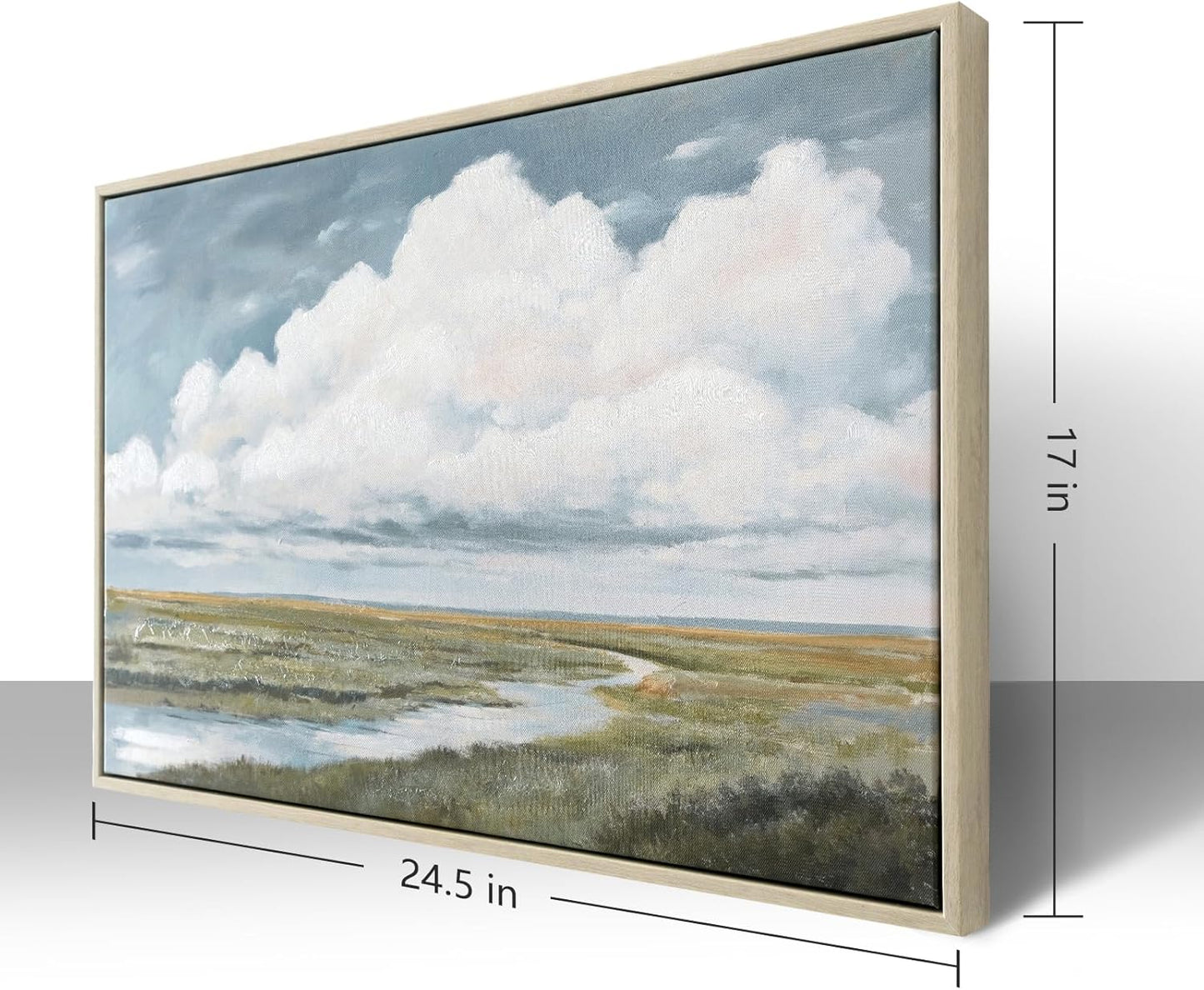 Framed Canvas Landscape Wall Art, Serene Sky cloud wall decor Retro Coastal Classic Painting Lake Scene Illustrations Antique Fine Art Nature Wall Decor for Bedroom Office Home living room, 17"x24.5"