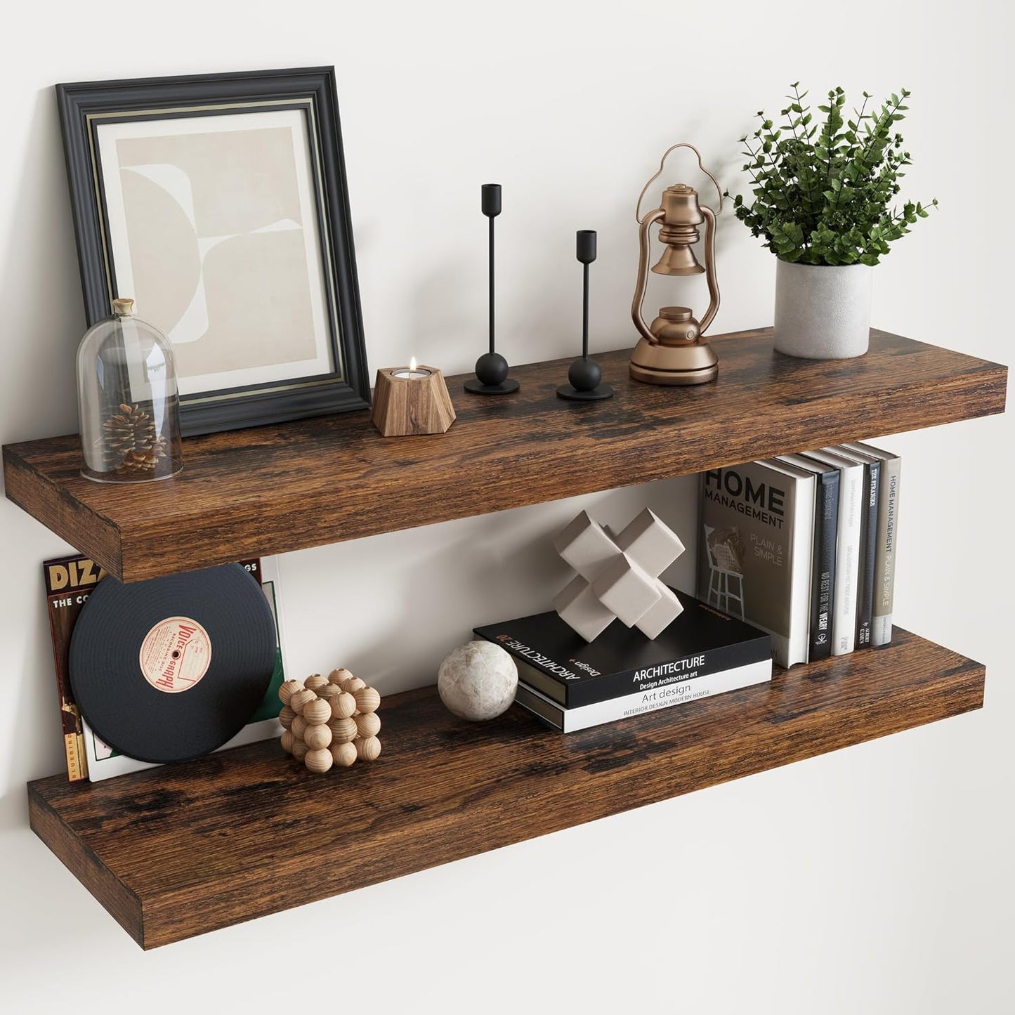 Floating Shelves for Wall with Invisible Brackets, Wall Mounted Engineered Wood Shelves with Wood Grain for Living Room, Bathroom, Kitchen Decor and Storage, Oak, 40"L Set of 2, Rustic Brown