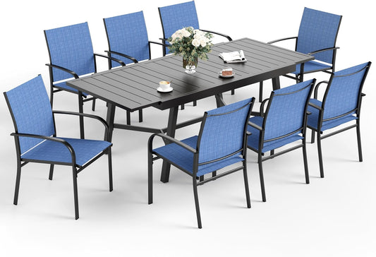9 Piece Patio Dining Set for 8, Rectangular Extendable Dining Table, 8 Metal Blue Chairs, Outdoor Table and Chairs Set for Lawn Backyard and Deck