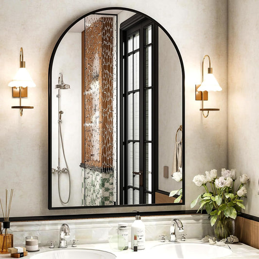 30x38 Inch Arched Bathroom Mirror - Black Metal Frame Wall Mounted Vanity Mirror for Bathroom, Bedroom, Living Room, Hanging or Leaning Decorative Mirror