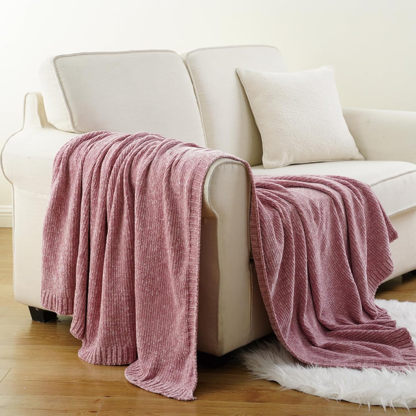 BATTILO HOME Chenille Throw Blanket for Couch, Pink Blanket Throw Chenille Knitted Blankets for Home Decor, Super Soft Blush Pink Throws for Bed Sofa Living Room, 51"x67"